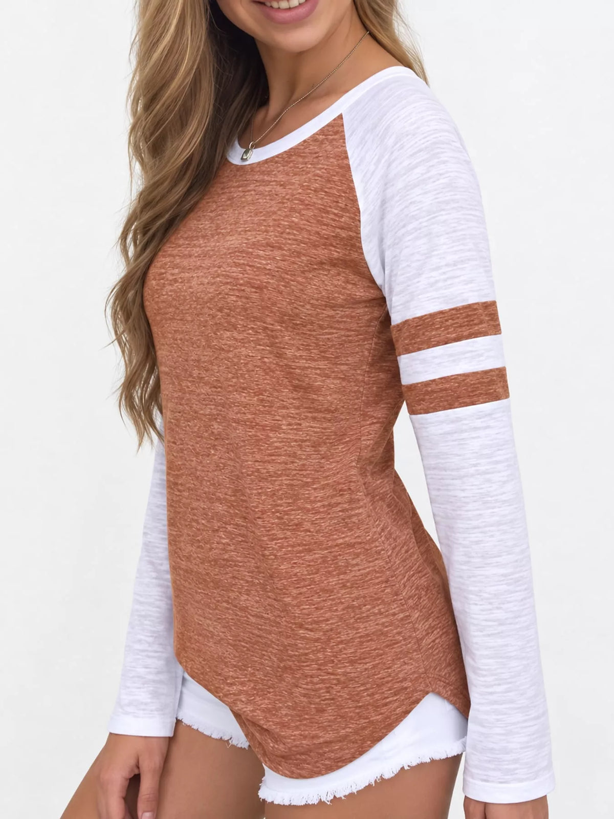 Rust color-block raglan sleeve striped t-shirt