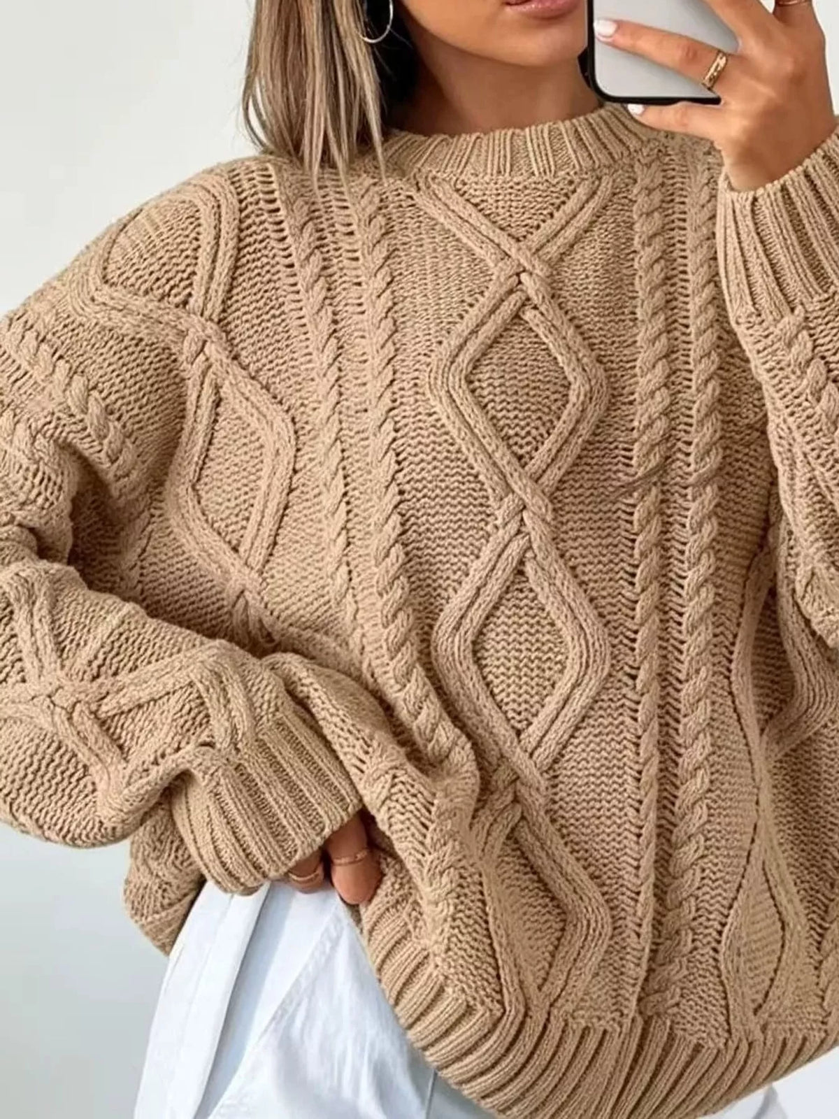 Khaki cable-knit round neck sweater