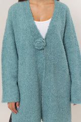 Trendsi HYFVE Front Rosette Longline Slit Sweater Cardigan - Shirts