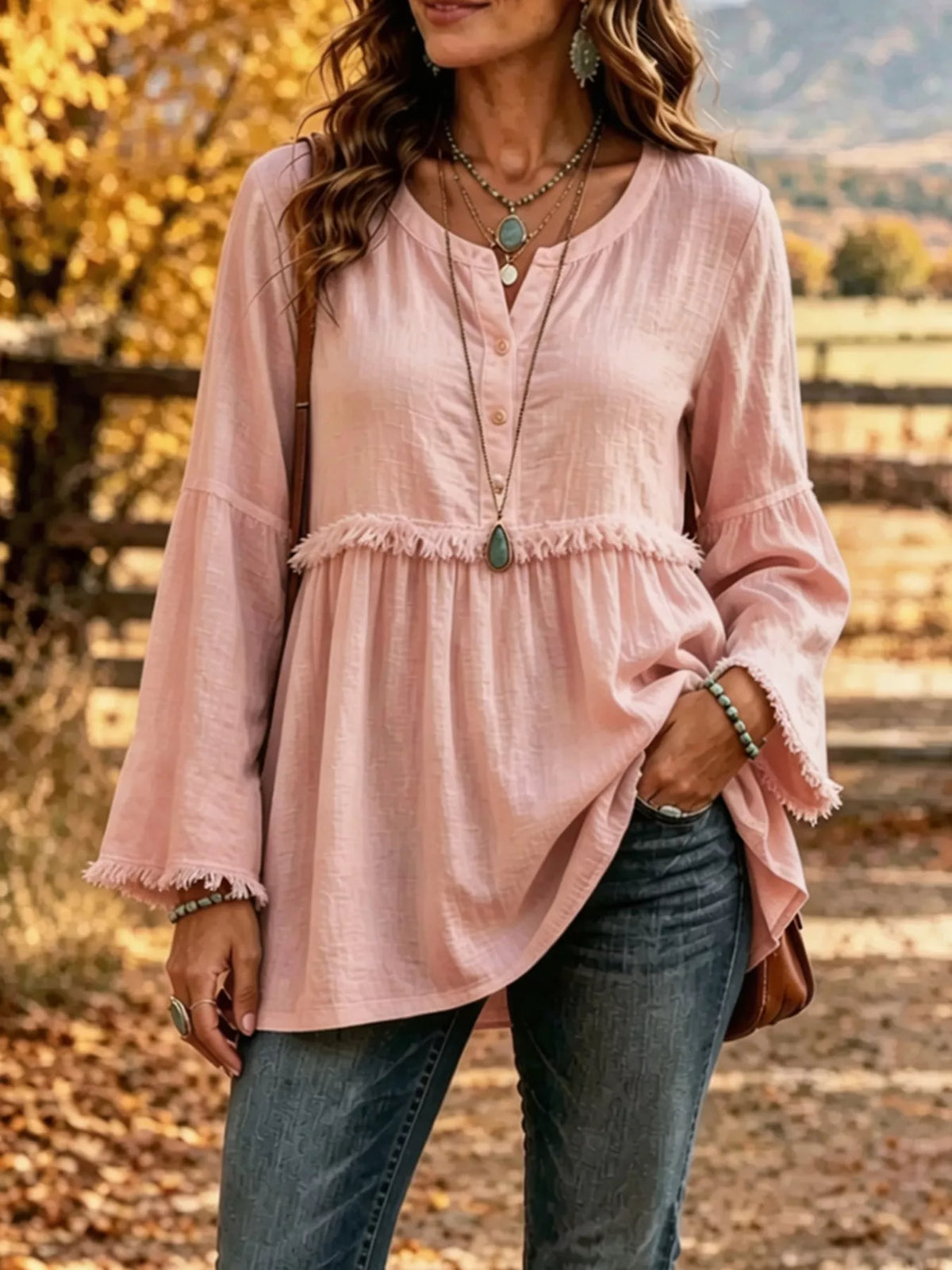 Pink fringed button detail blouse