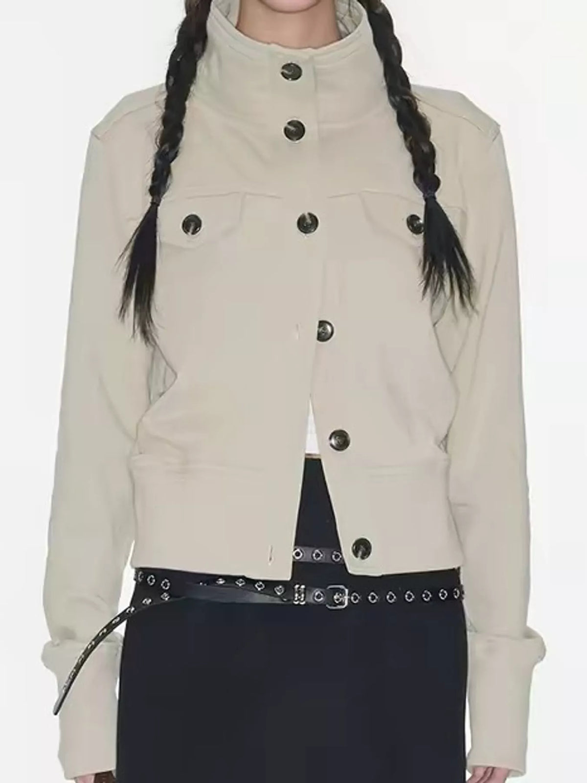 High-neck jacket, beige straight front
