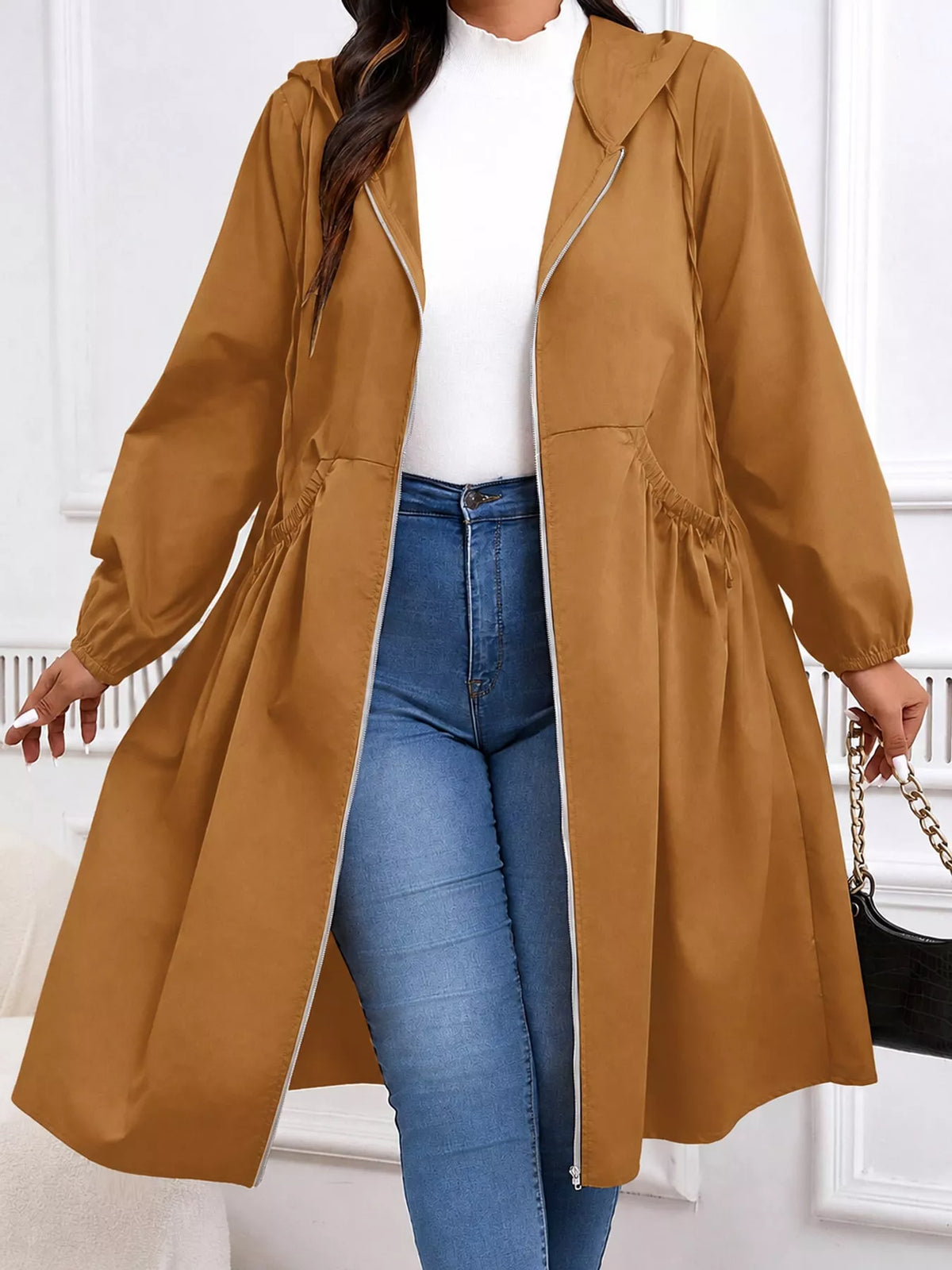 Hooded longline jacket, brown front