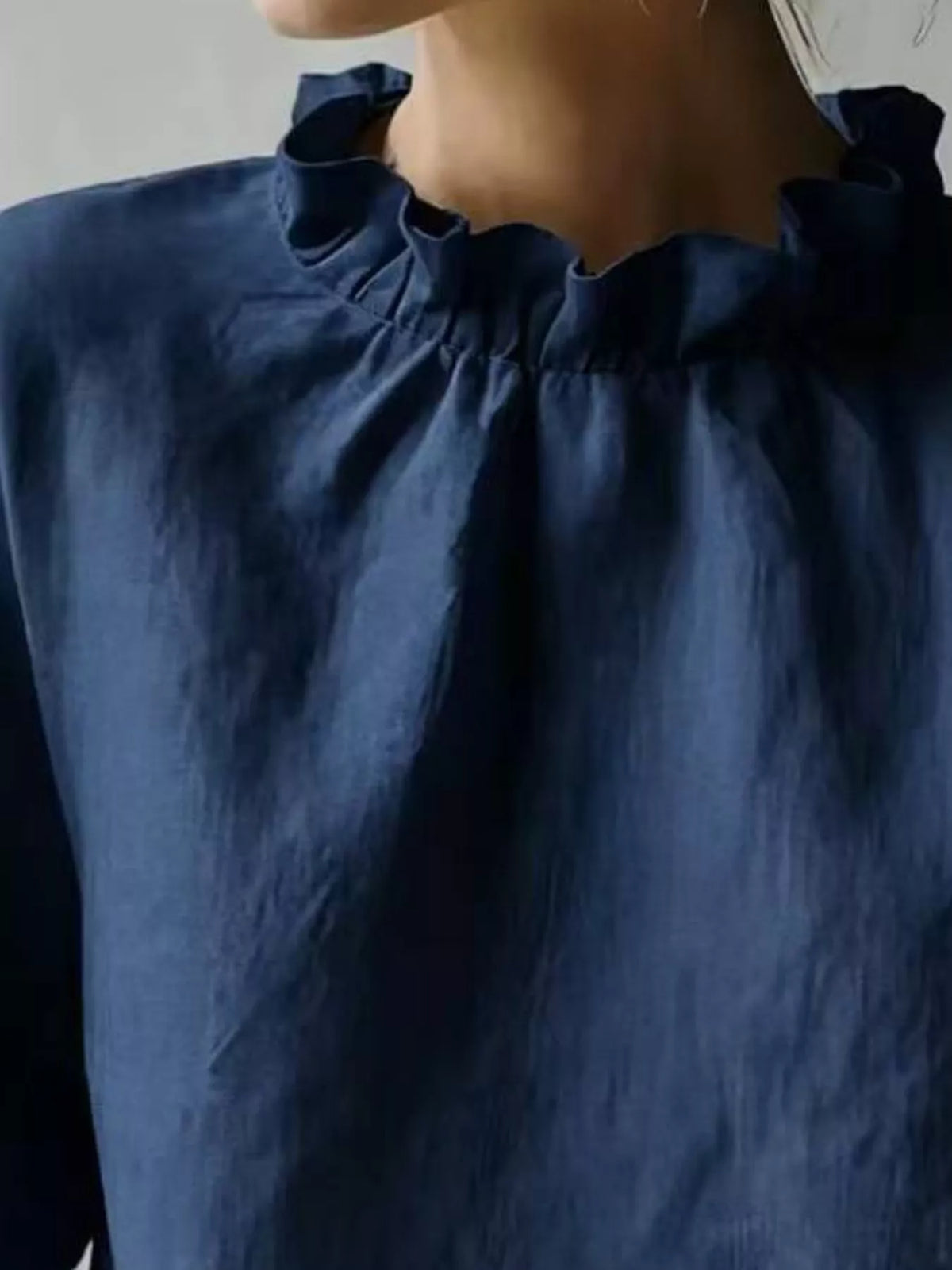 Dark Blue Ruffle-Neck Short Sleeve Blouse, neckline detail