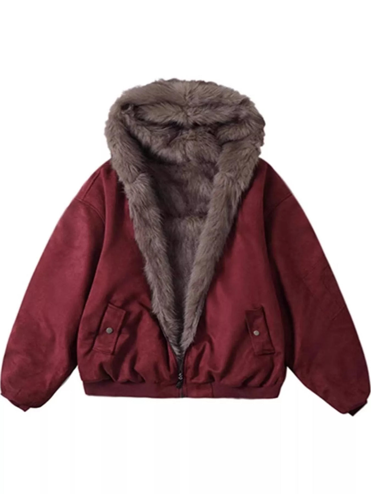 Burgundy faux fur trimmed faux suede bomber jacket