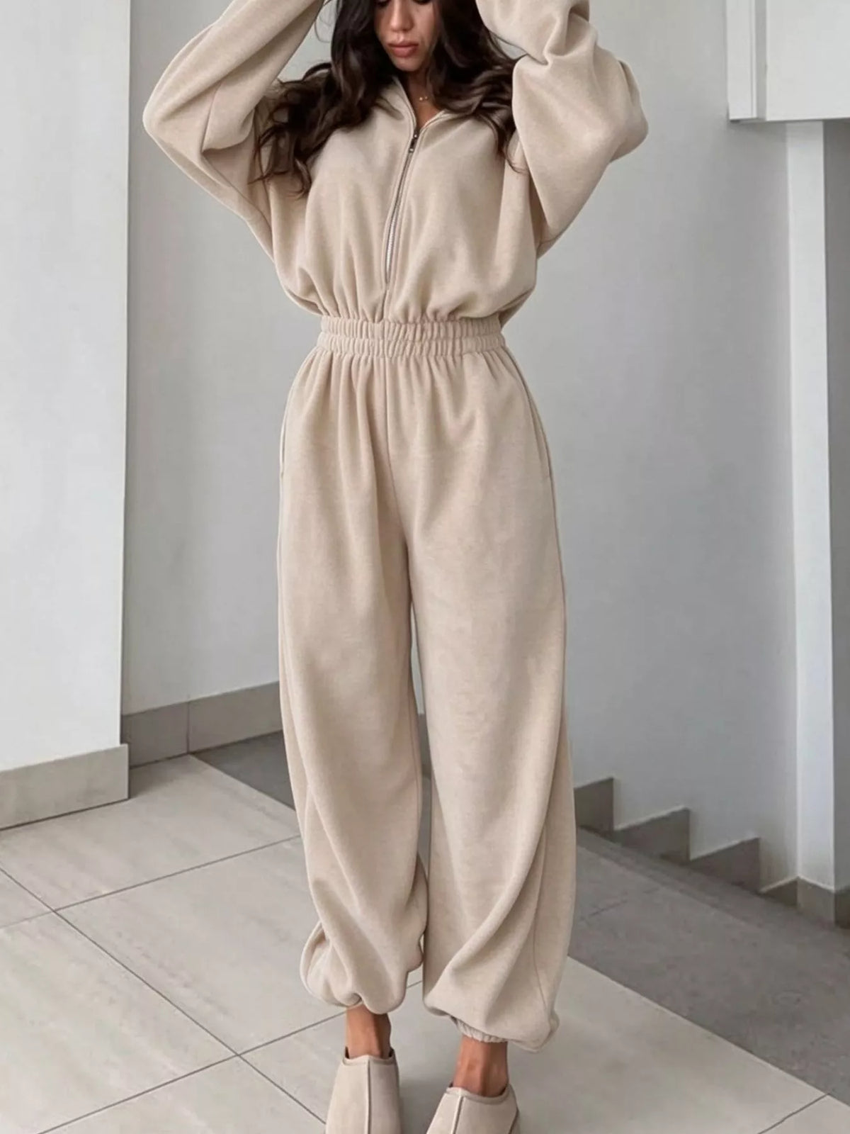 Zip Front Long Sleeve Jumpsuit — front view