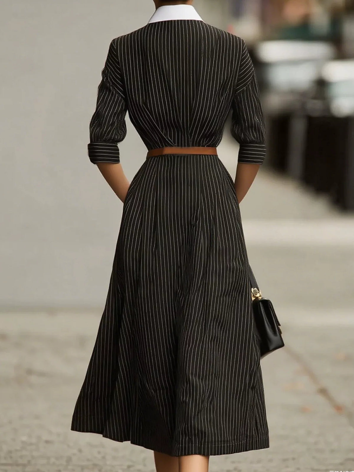 Black Striped Collared Button-Front Midi Dress back view