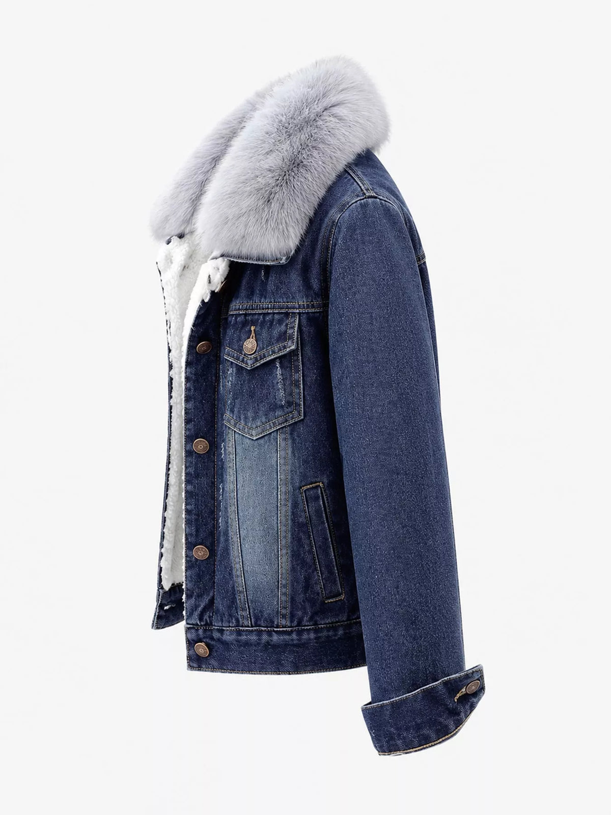Dark blue distressed denim jacket with sherpa fleece lining