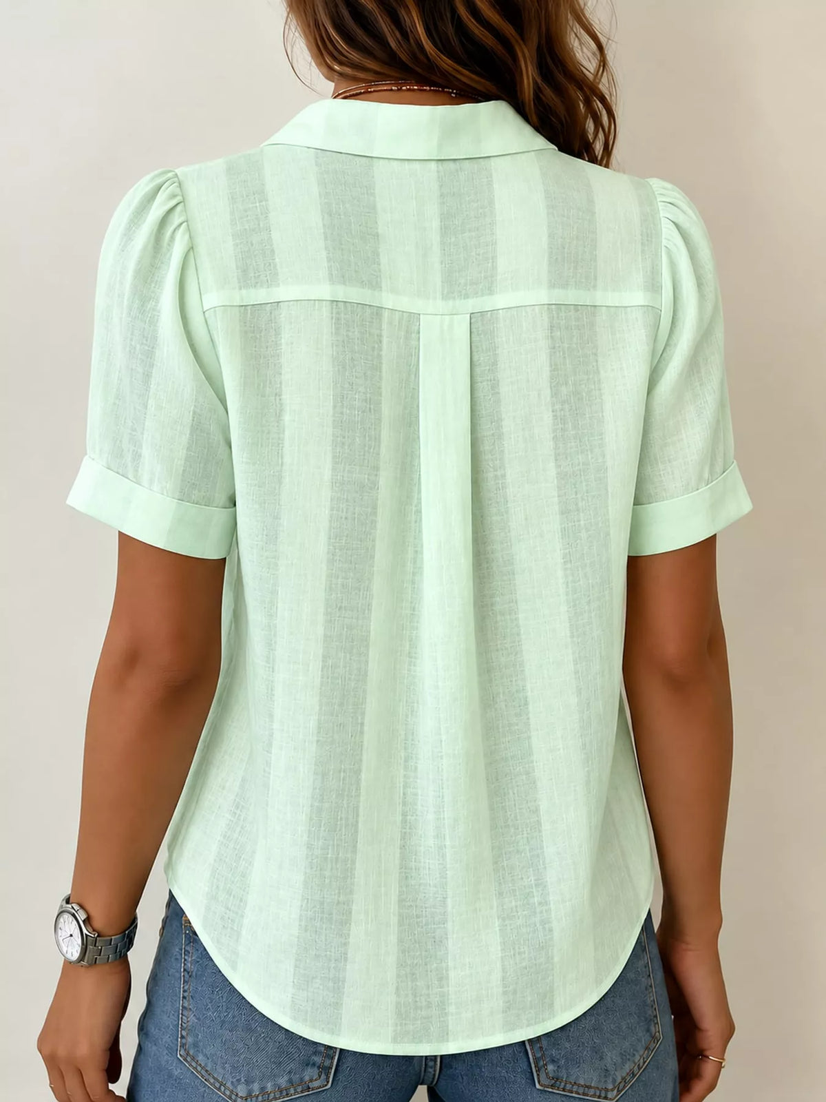 Light Green button up short sleeve shirt, back view