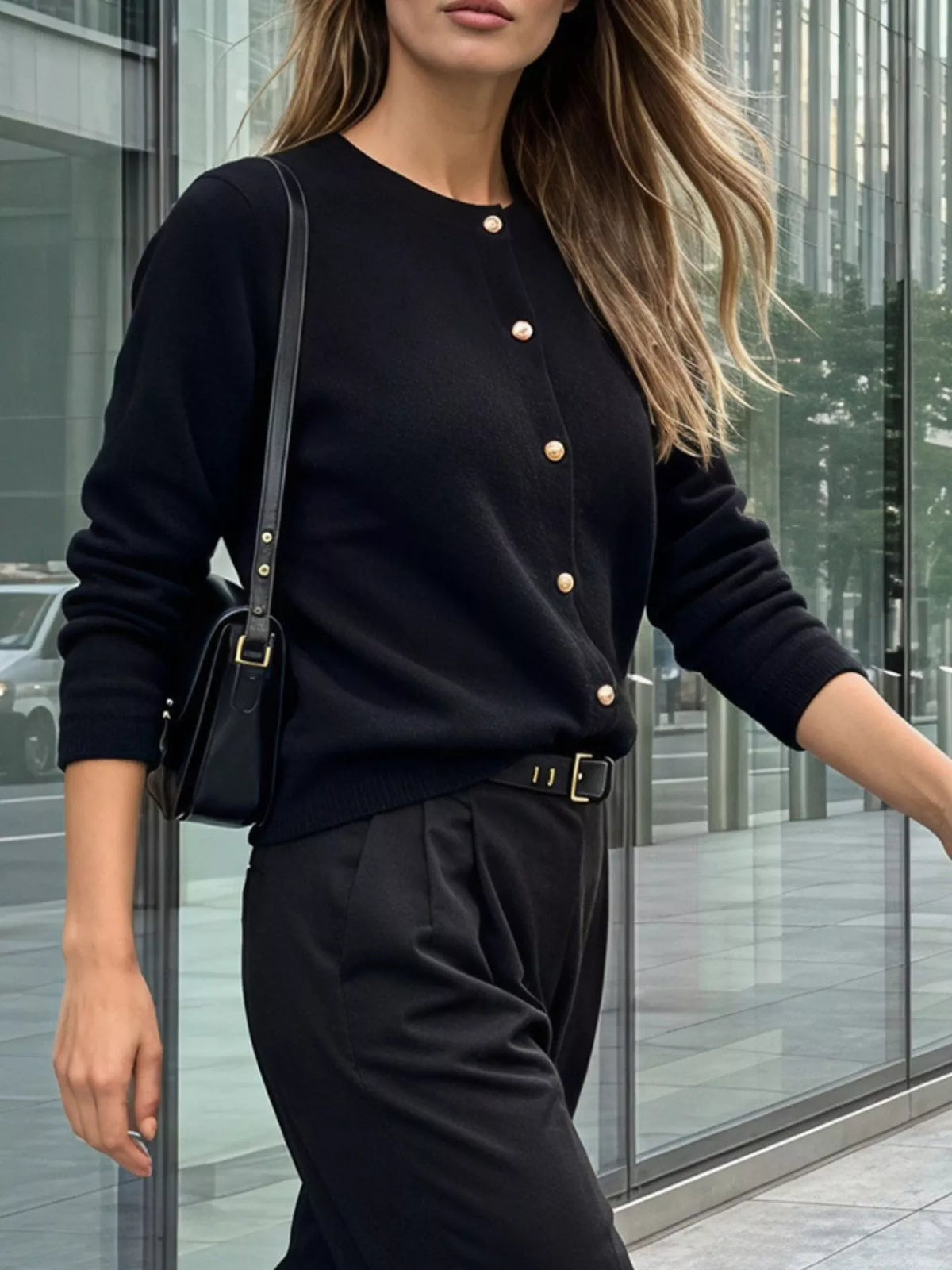 Black round-neck button-front knit cardigan, walking front view.
