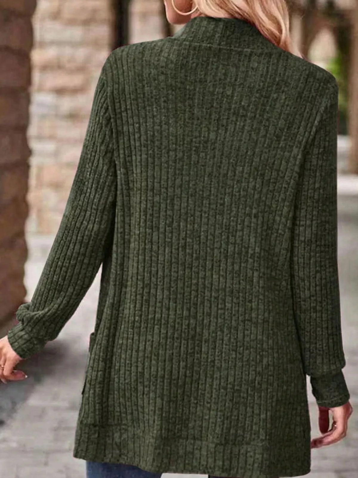 Ribbed Knit Open Front Cardigan with Pockets — back view