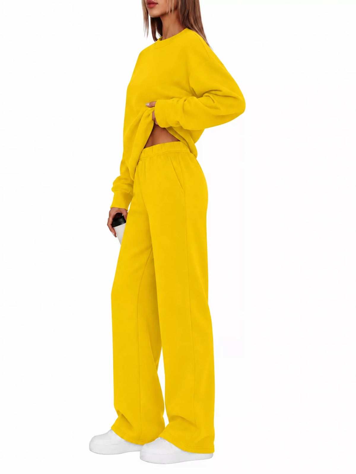 Crewneck Drop Shoulder Sweatshirt and Wide-Leg Pants Set — side view
