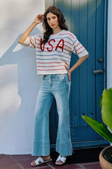 Trendsi SO ME Usa Stripe Knit Short Sleeves Sweater Top -