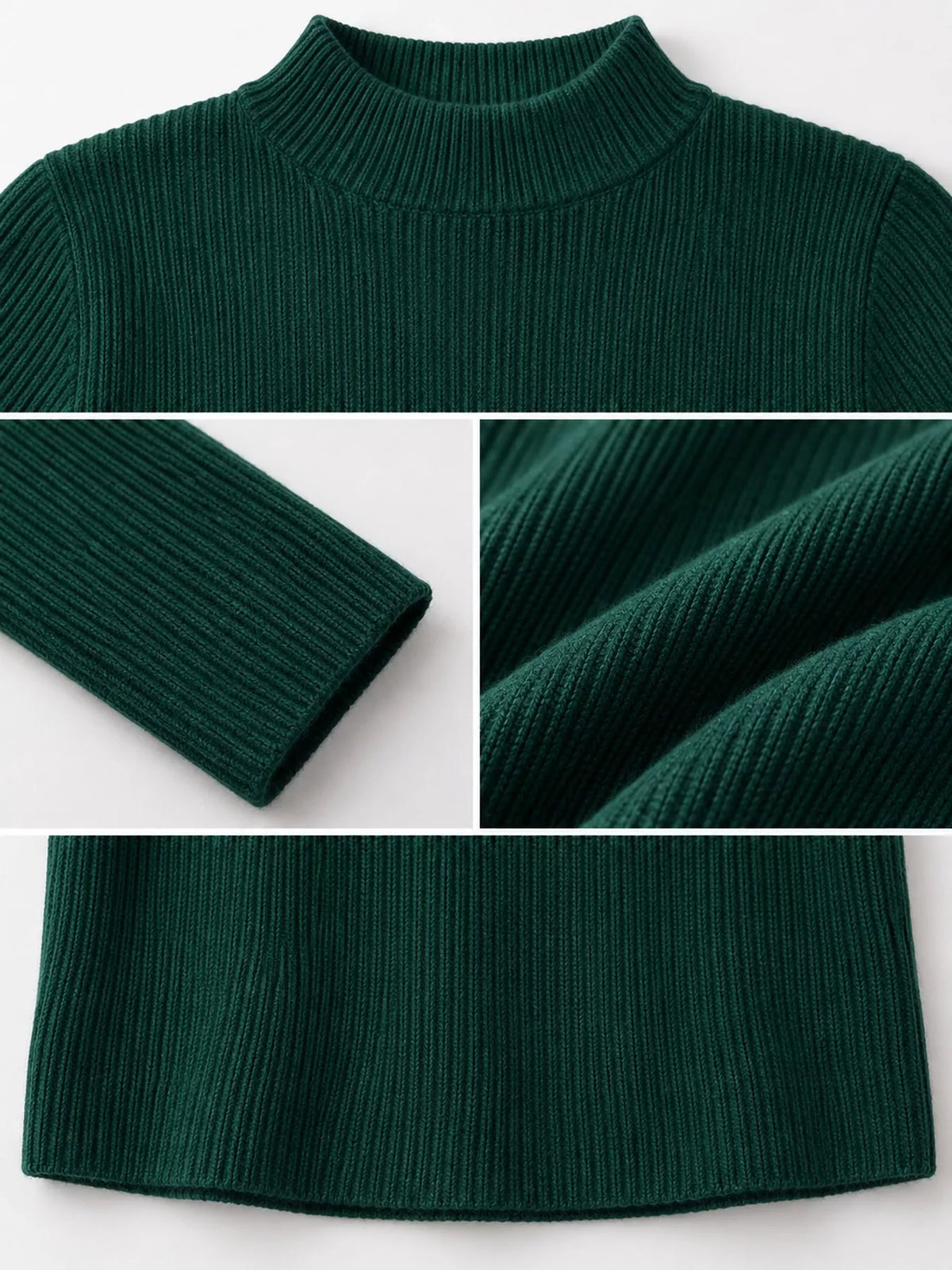 Forest green ribbed mock neck long sleeve knit top, ribbed knit and neckline detail