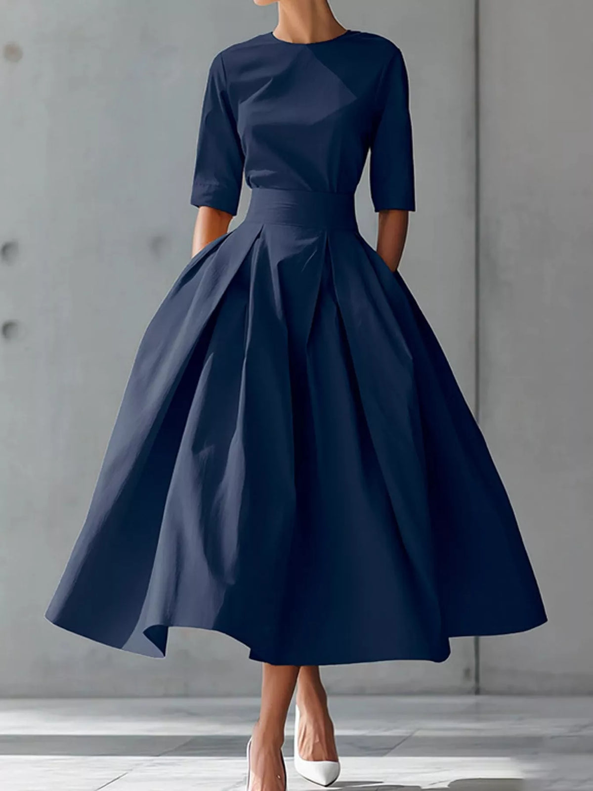 Round neck short sleeve midi dress, front view on model