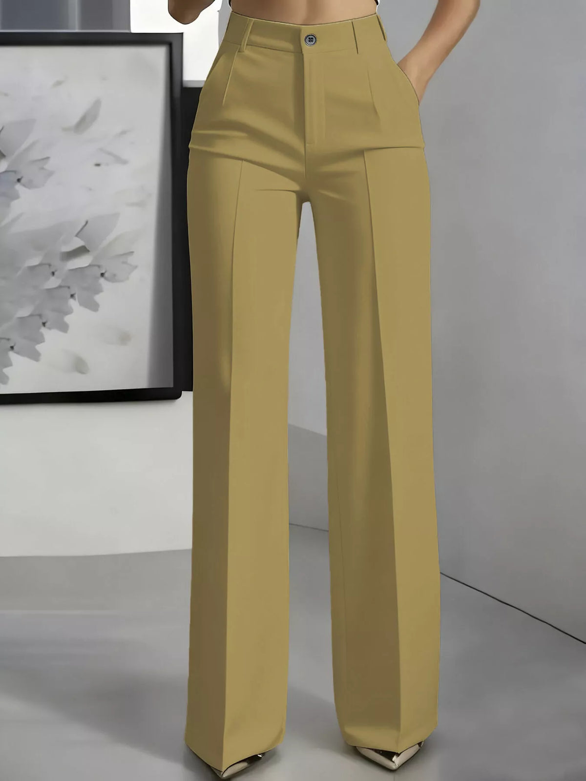 Khaki high-waisted wide-leg pants, front view