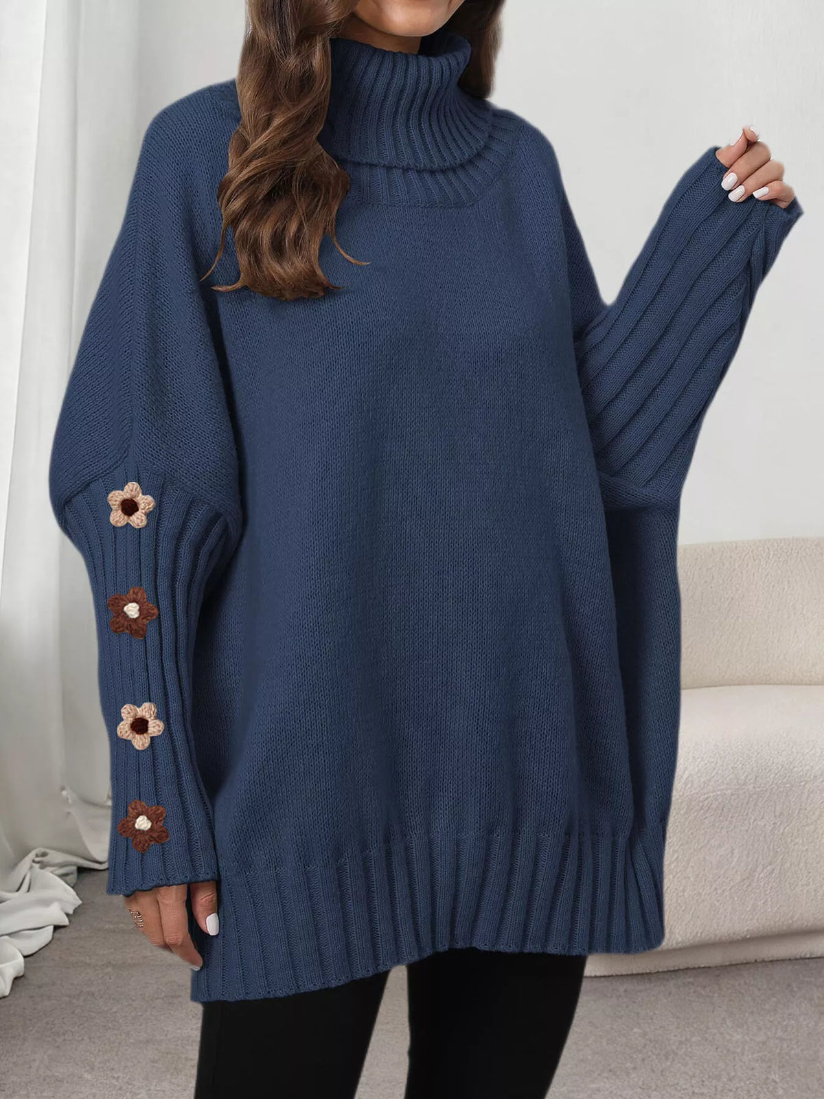 Blue oversized floral sleeve turtleneck sweater, front view