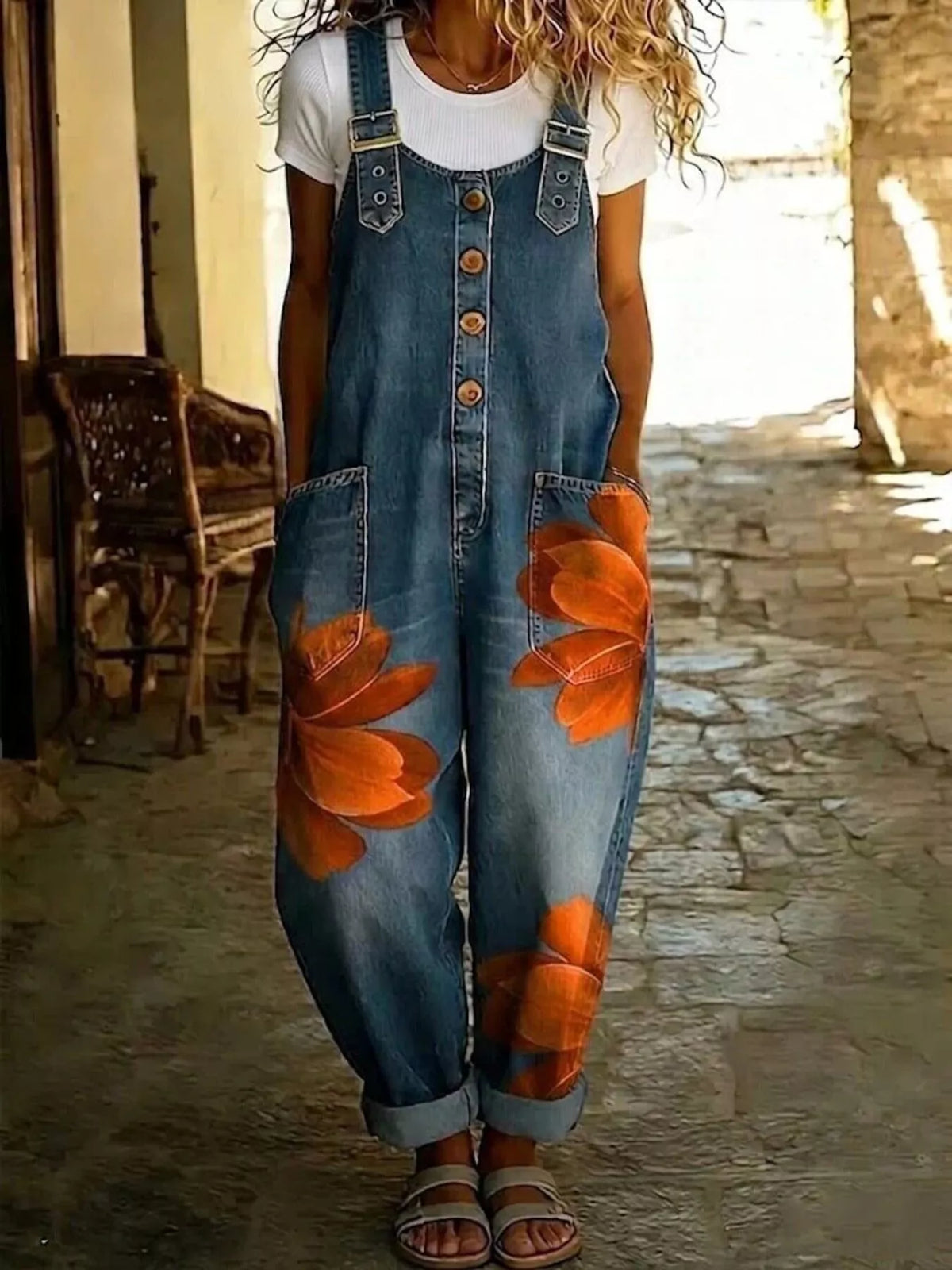 Blue and orange floral floral print button front overalls — front view