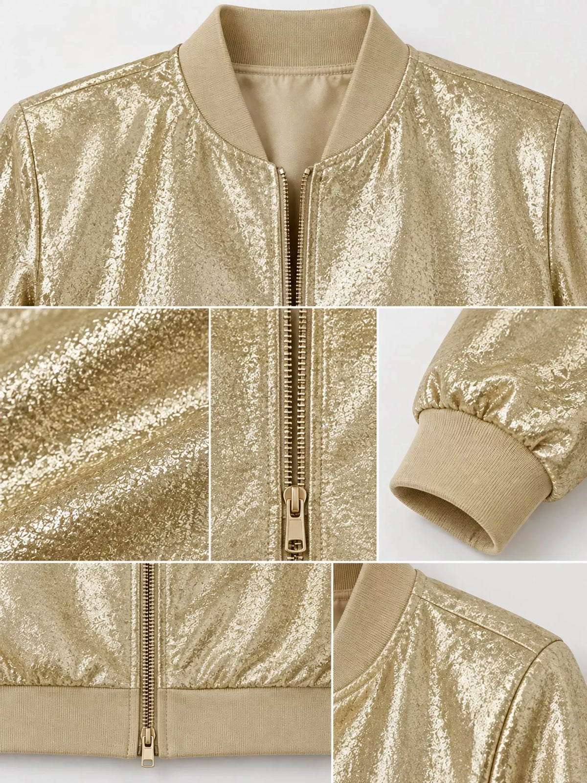 Zip-up bomber jacket, gold collar zip cuff and fabric details