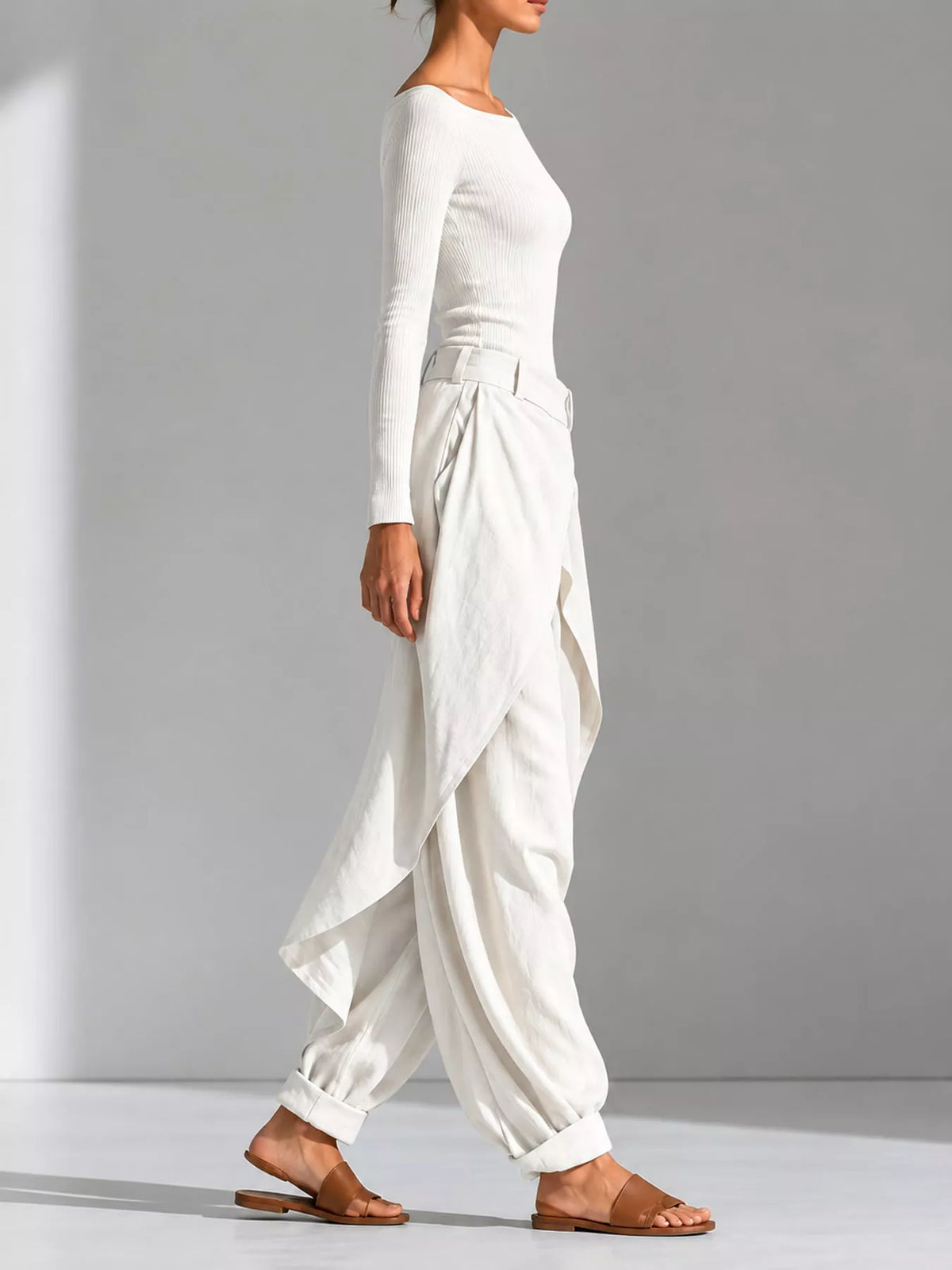 White boat neck long sleeve top and wrap pants set — side view