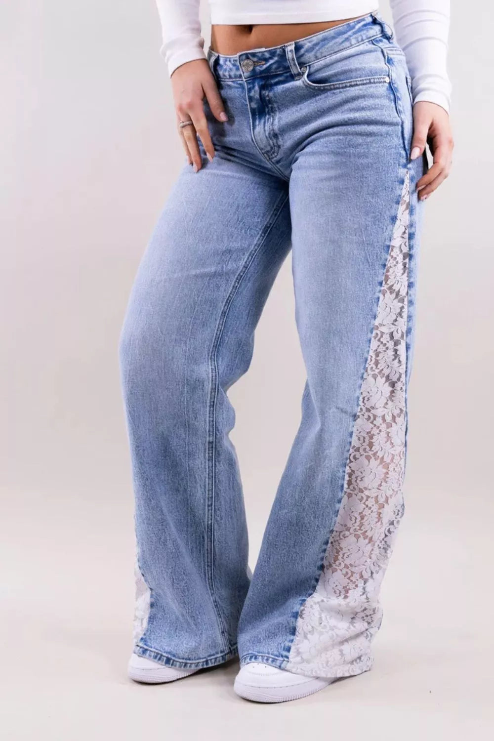 Trendsi Lace-Paneled Wide-Leg Jeans -