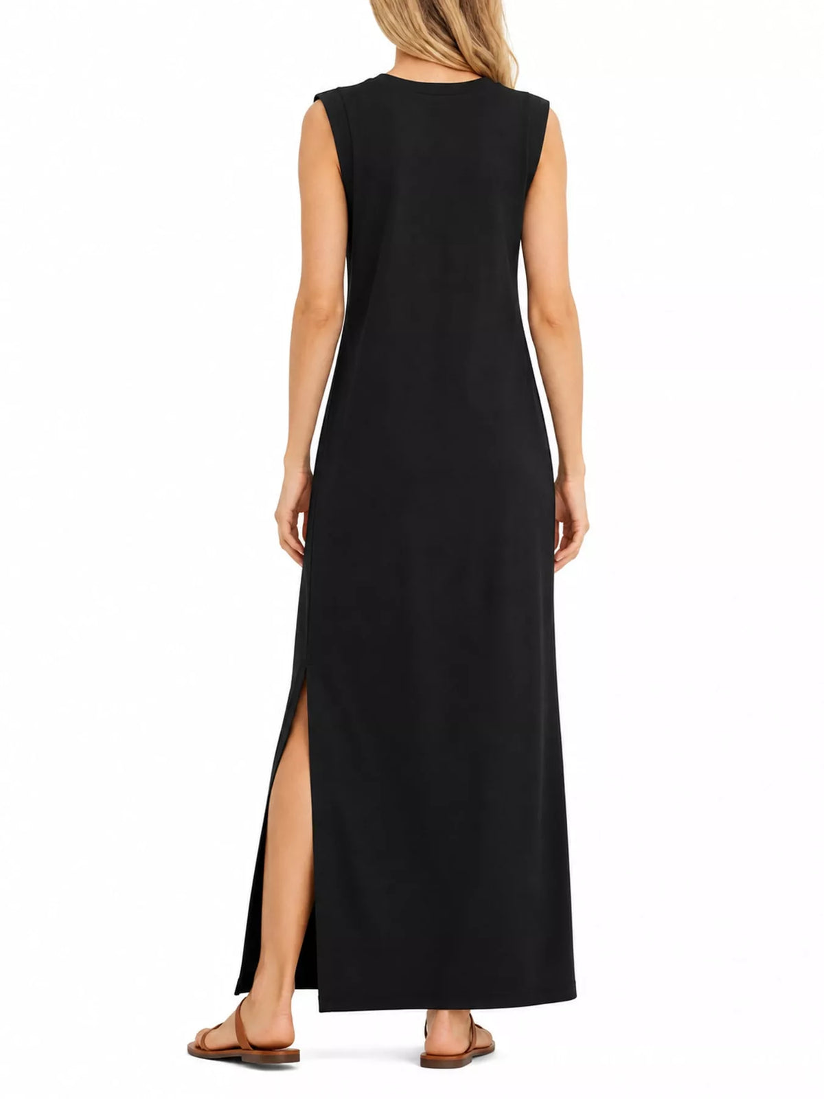 Round neck sleeveless maxi dress, back view