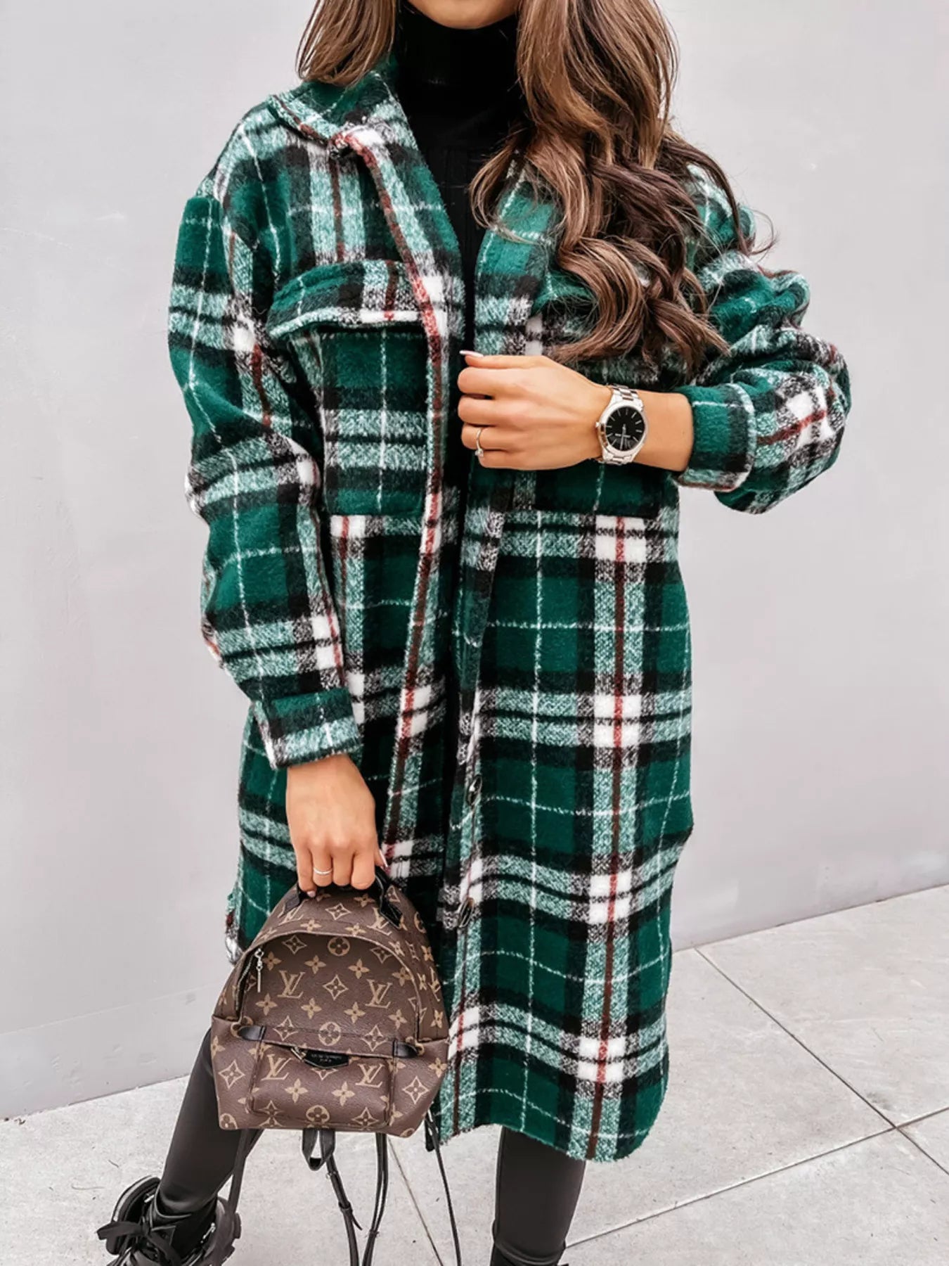 Trendsi Longline Plaid Button Up Coat -