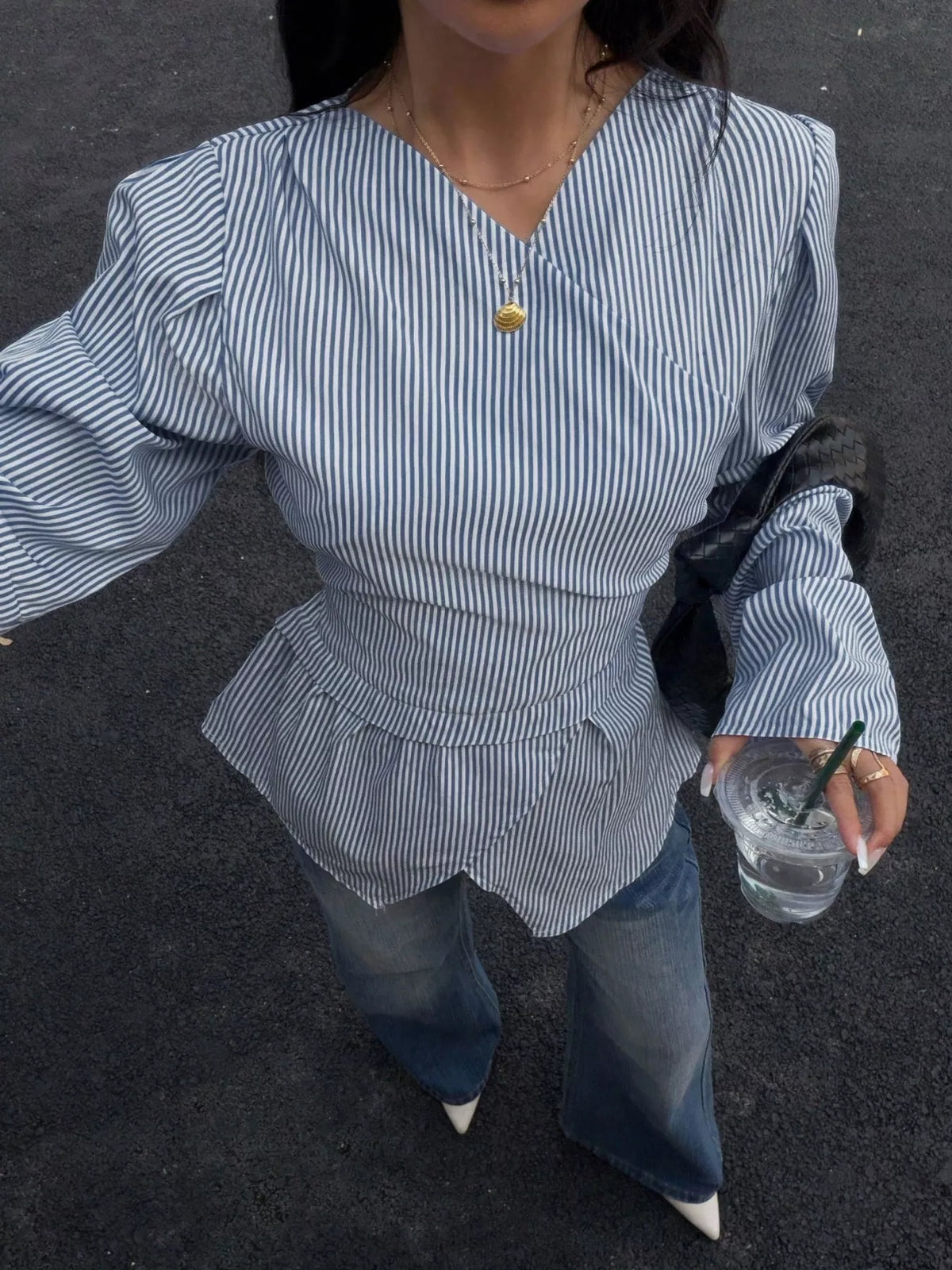 V-neck long sleeve blouse, front view on model