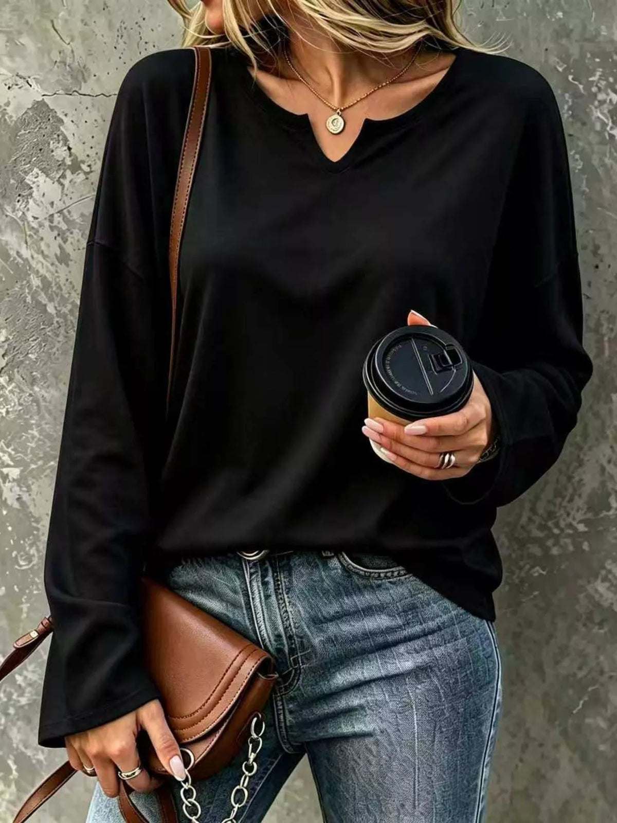 Black Loose-Fit Notch Neck Long Sleeve T-Shirt front view