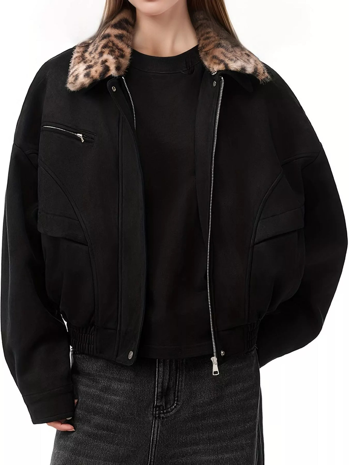 Black leopard collar zip-up jacket — front view