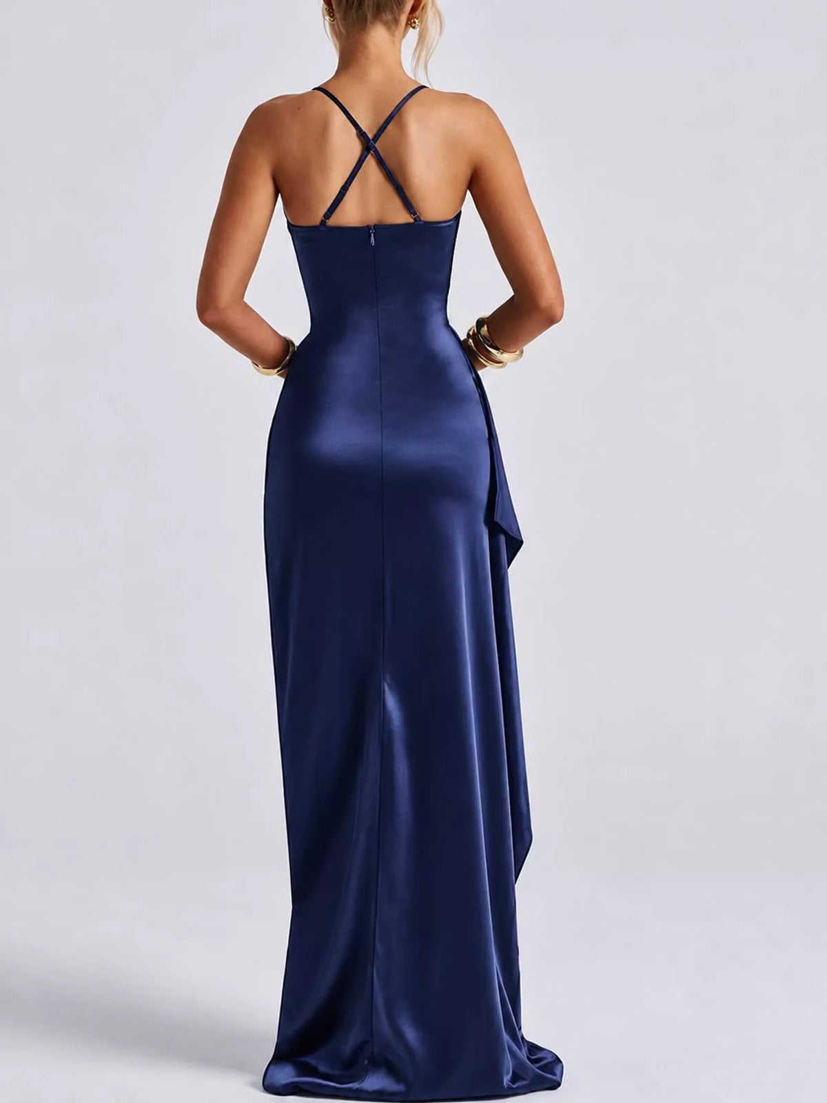 Navy satin ruched high slit maxi dress, back view