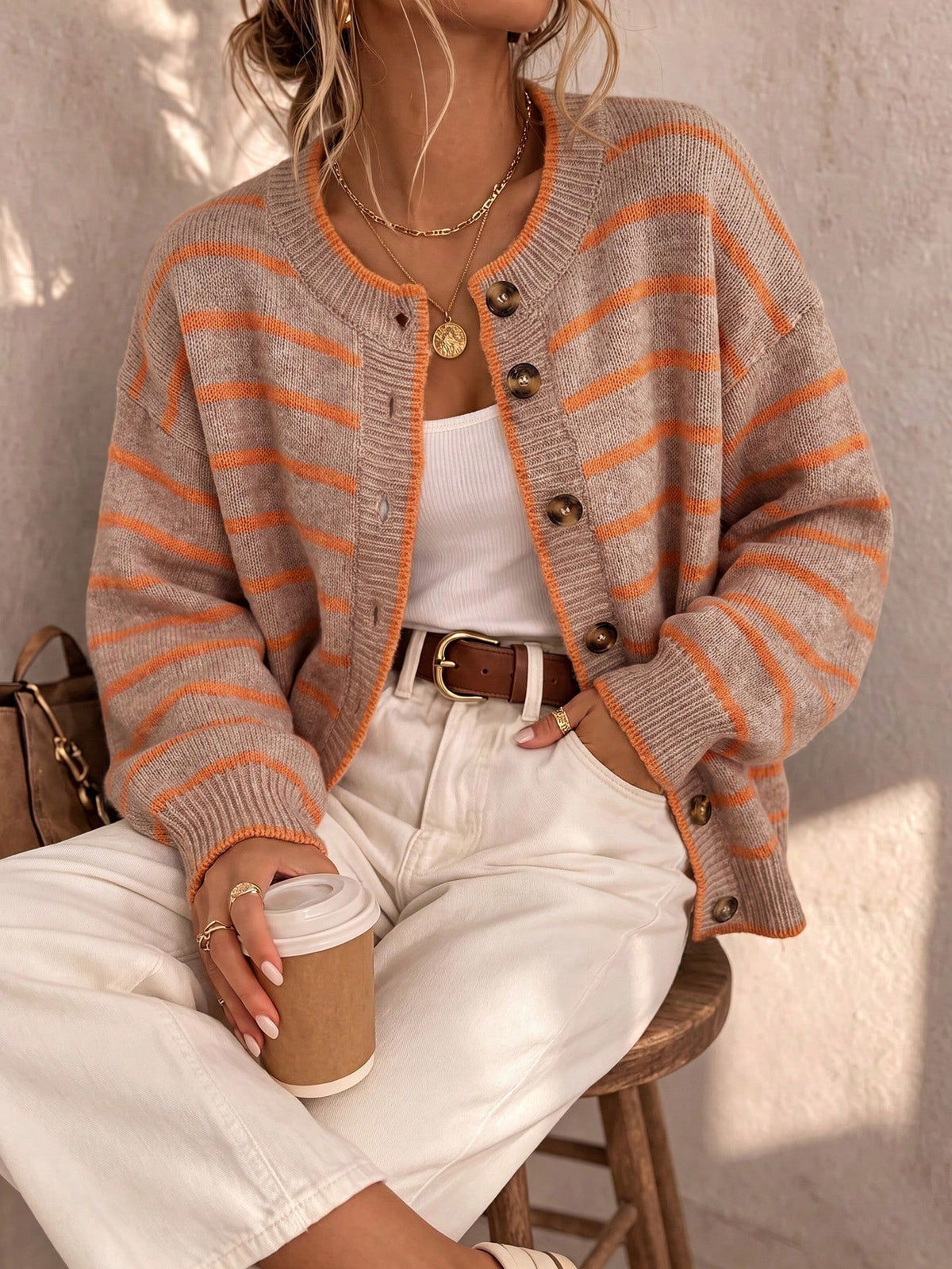 Trendsi Women's Striped Button-Down Long Sleeve Knit Cardigan - Cardigans Cardigan