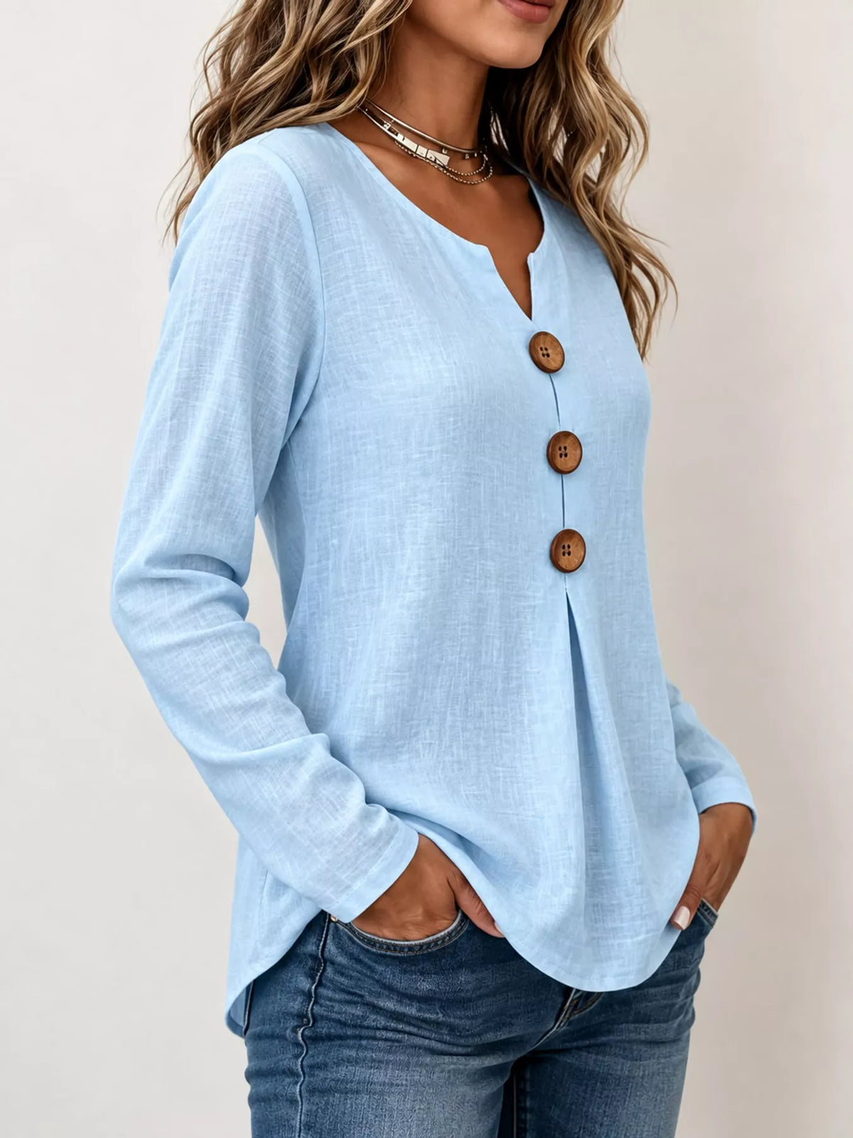 Light Blue long sleeve decorative button blouse