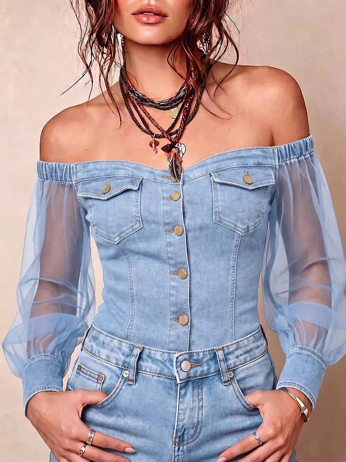 Light blue off-shoulder sheer sleeve denim top — front view