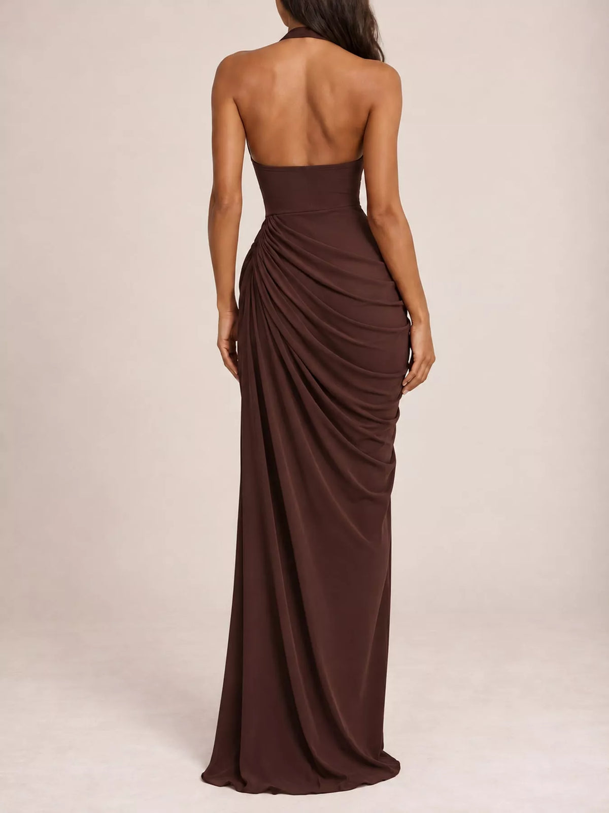 Brown halter neck high-slit maxi evening dress — back view