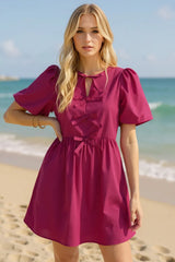 Trendsi Oh Bow Ruched Puff Sleeve Mini Dress -