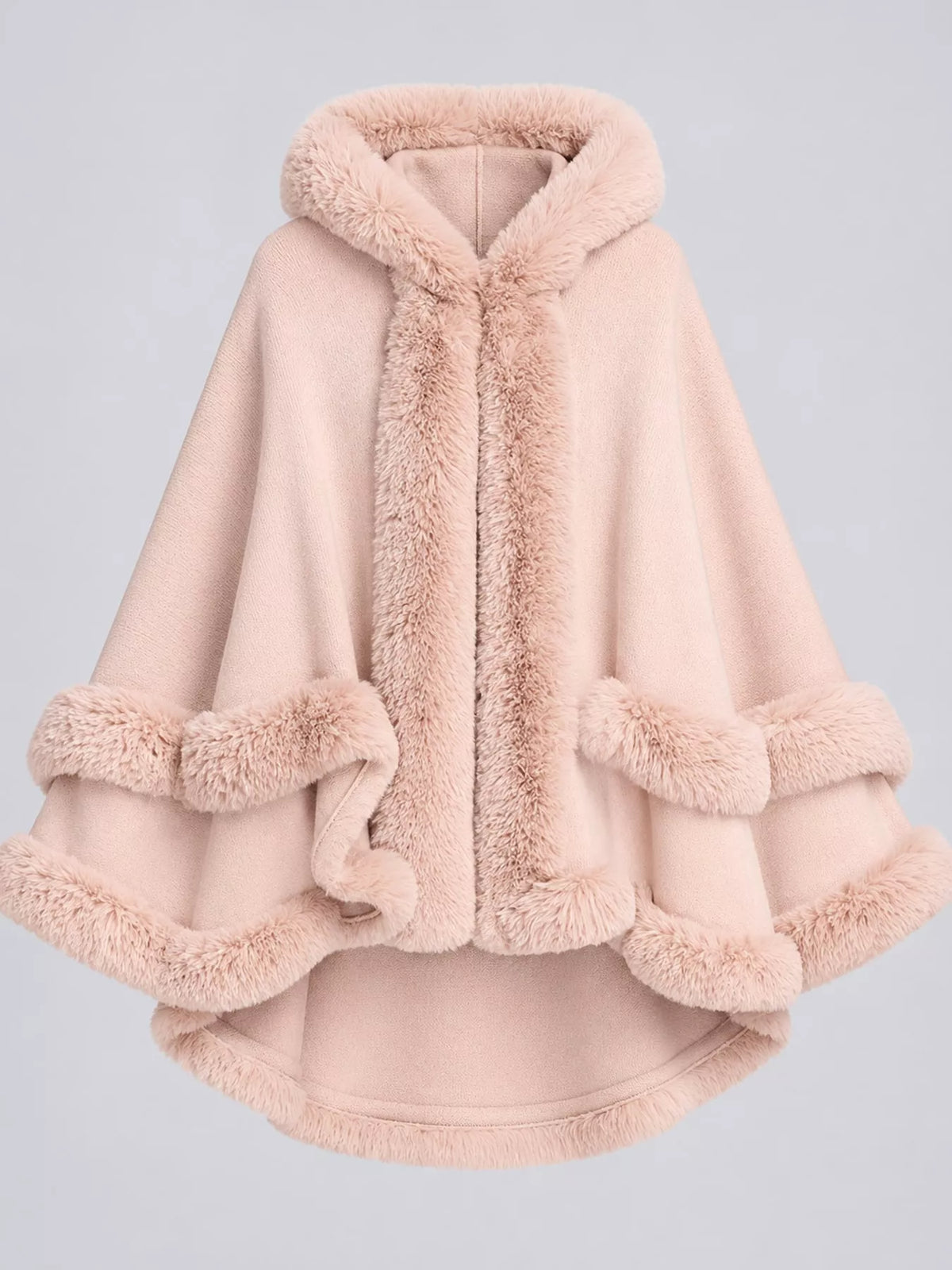 Faux-fur-trim cape, pink flat lay