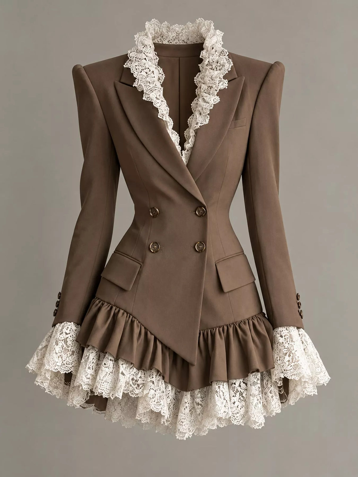 Brown lace trim blazer dress, front view