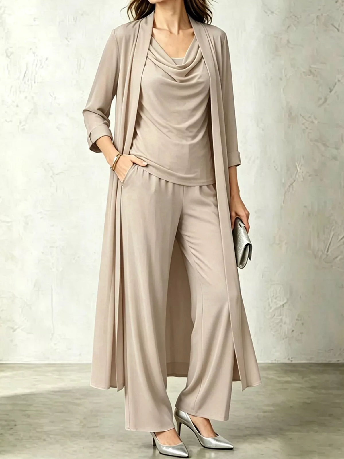 Beige cowl neck top, cardigan and pants set, front view