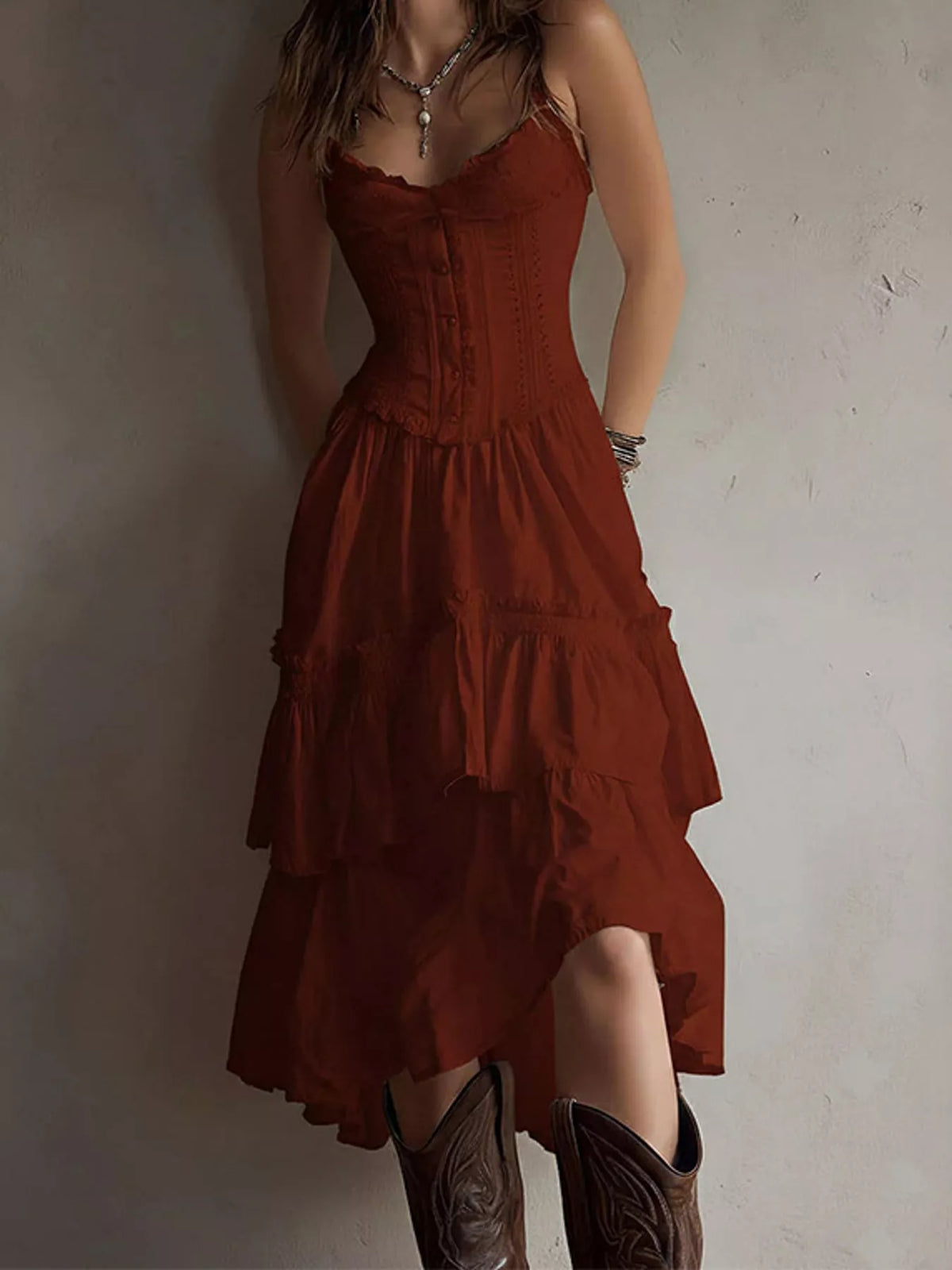 Layered Ruffle Midi Dress in red