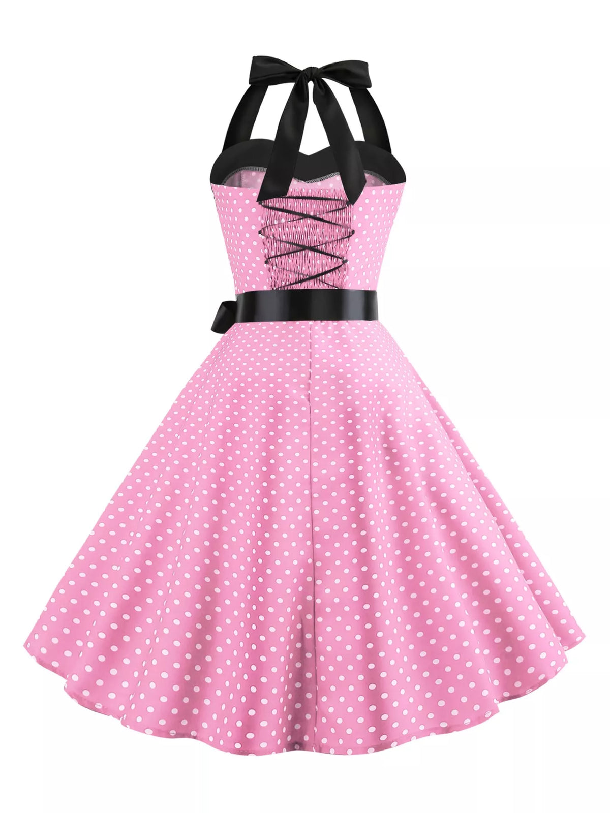 Halter neck sleeveless knee dress, back view