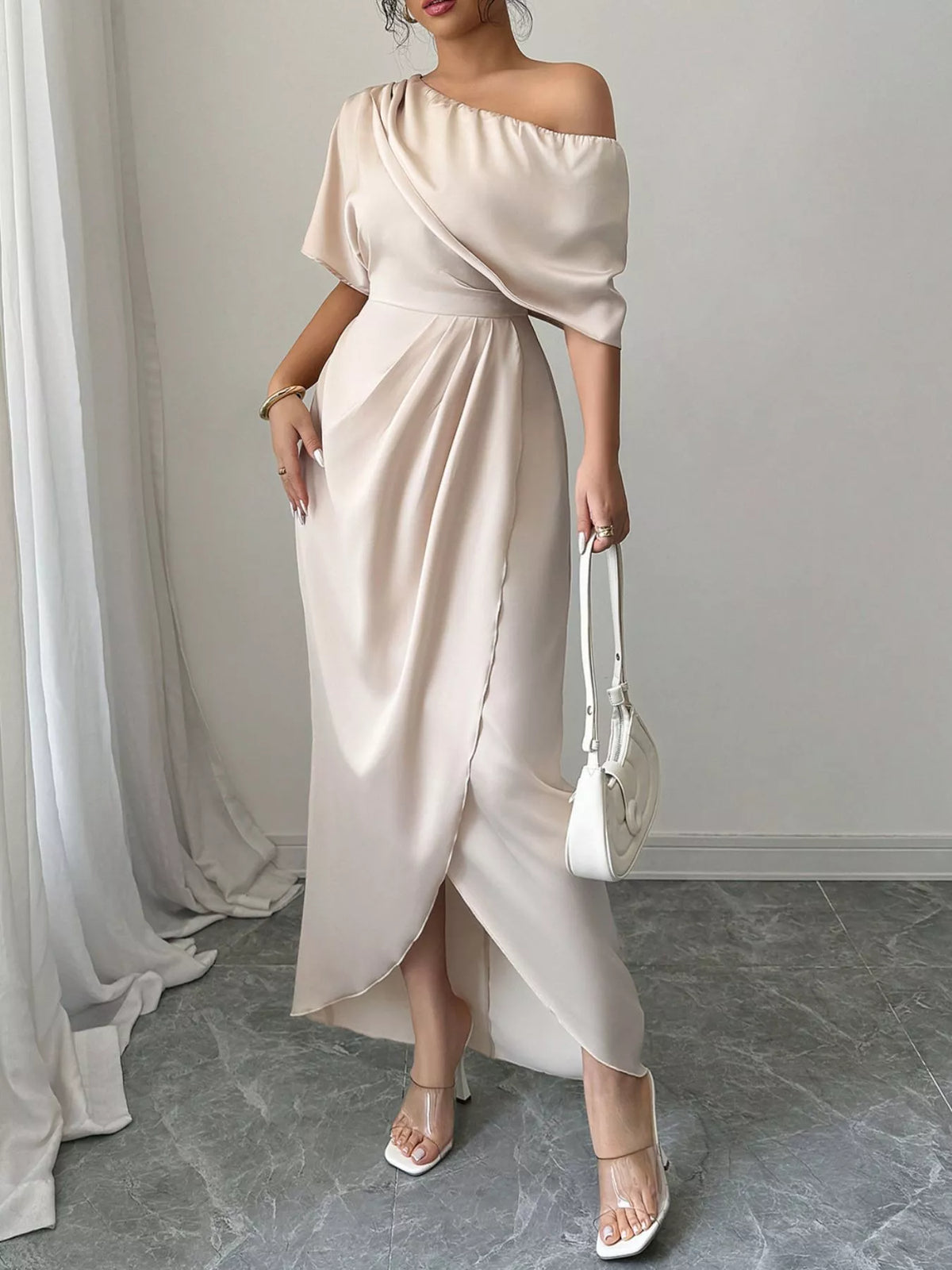 One-Shoulder Satin Maxi Dress in beige, front view