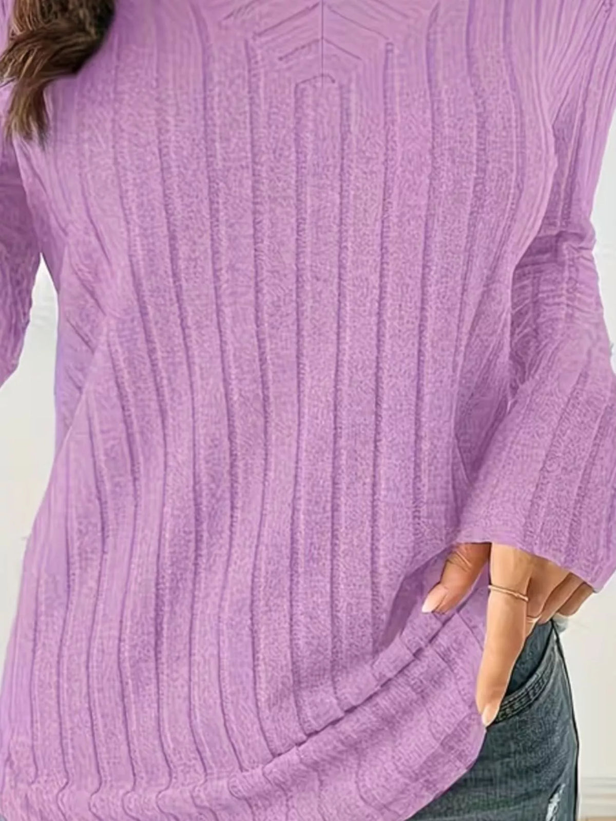 Women's Ribbed Knit Long Sleeve T-Shirt in lavender — texture detail view