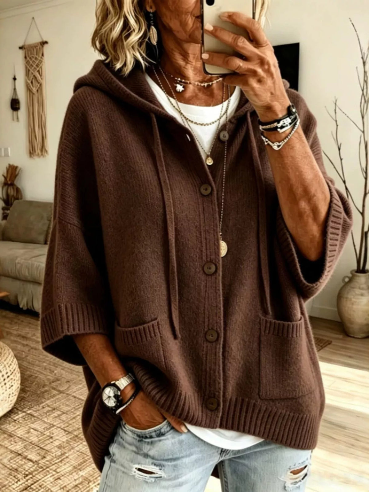 Trendsi Full Size Casual Hooded Button-Down Knit Cardigan with Pockets Plus Size -