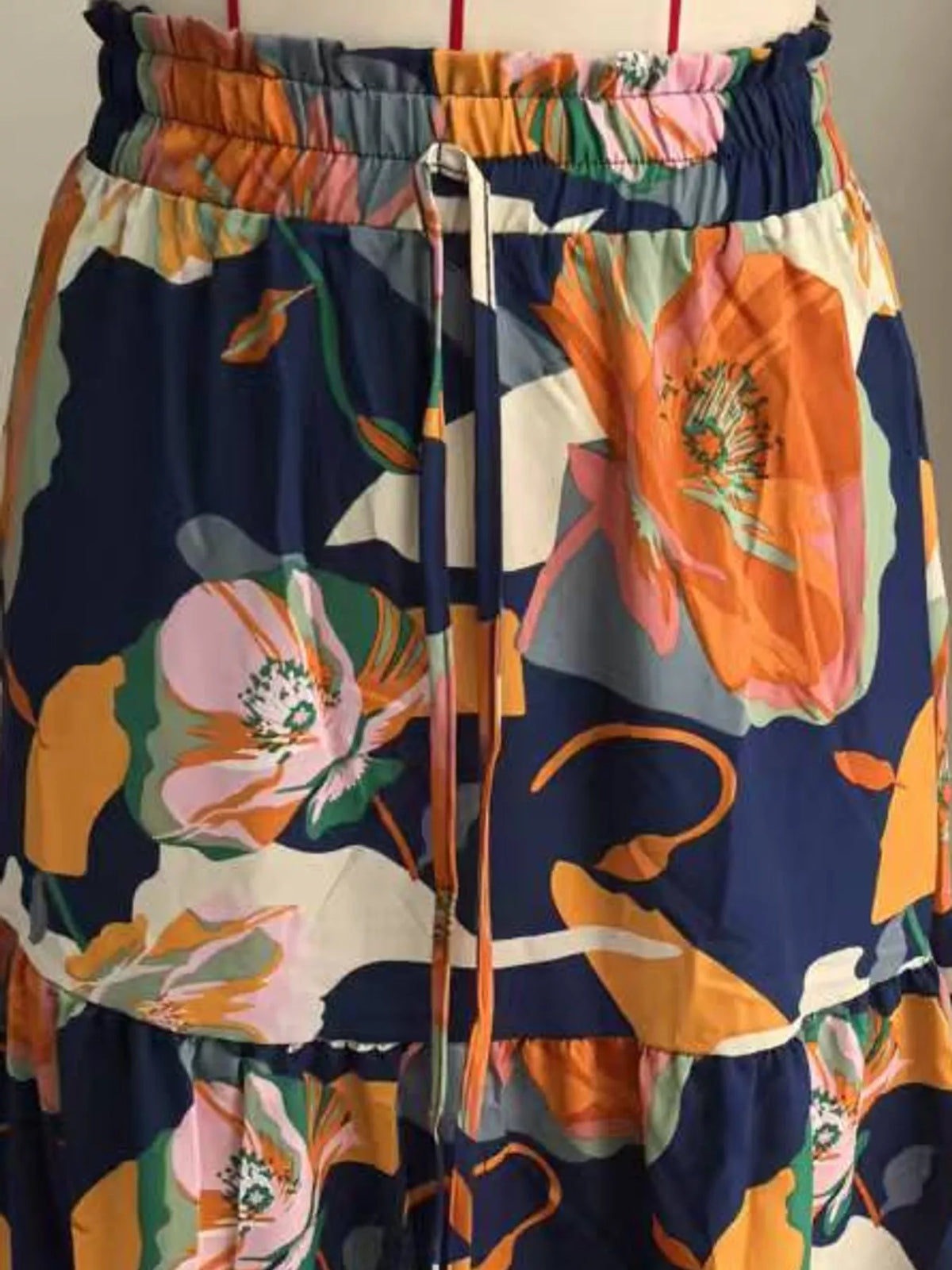 Navy floral drawstring tiered skirt — design and construction details