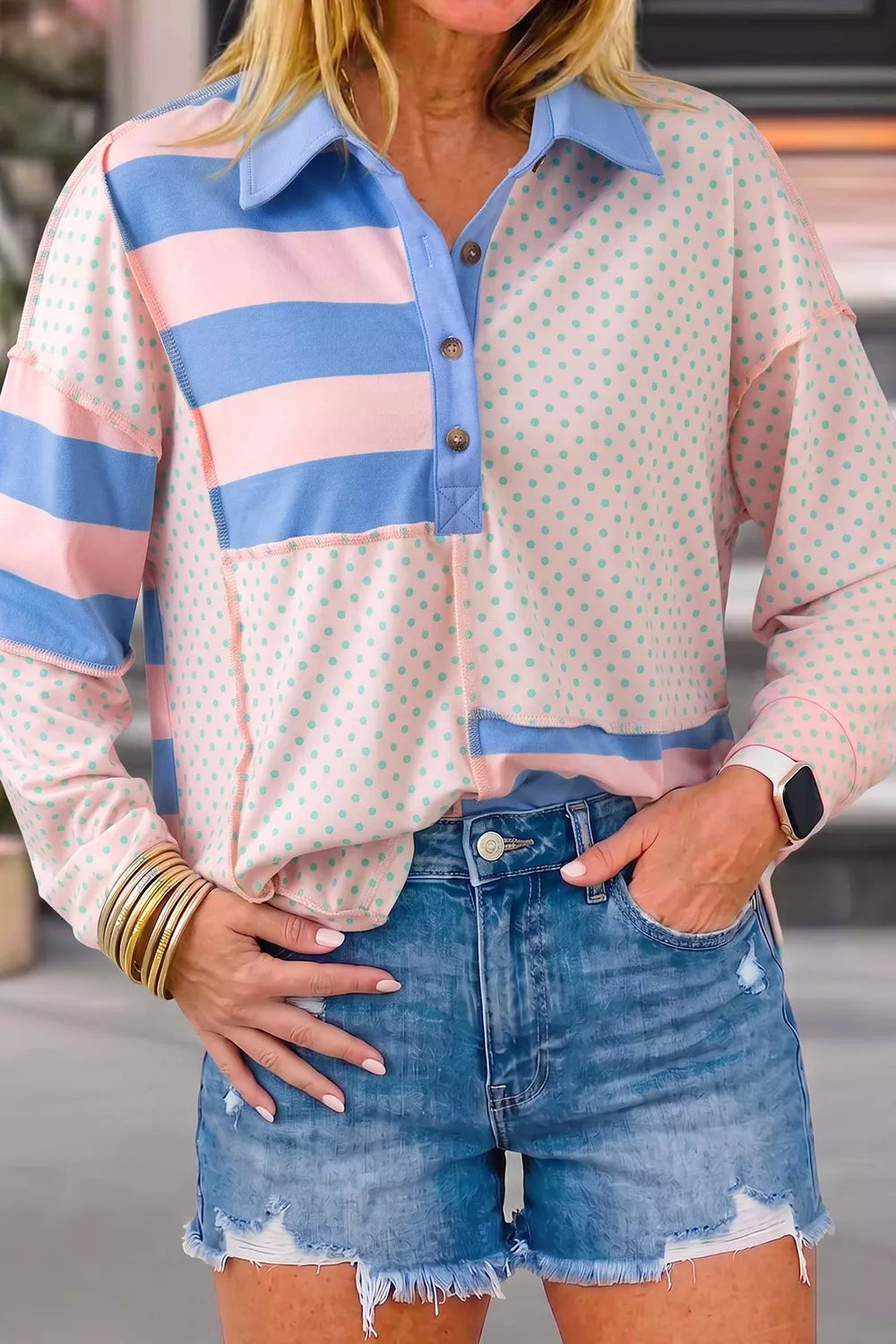 Striped Polka Dot Long Sleeve Polo Top, front view