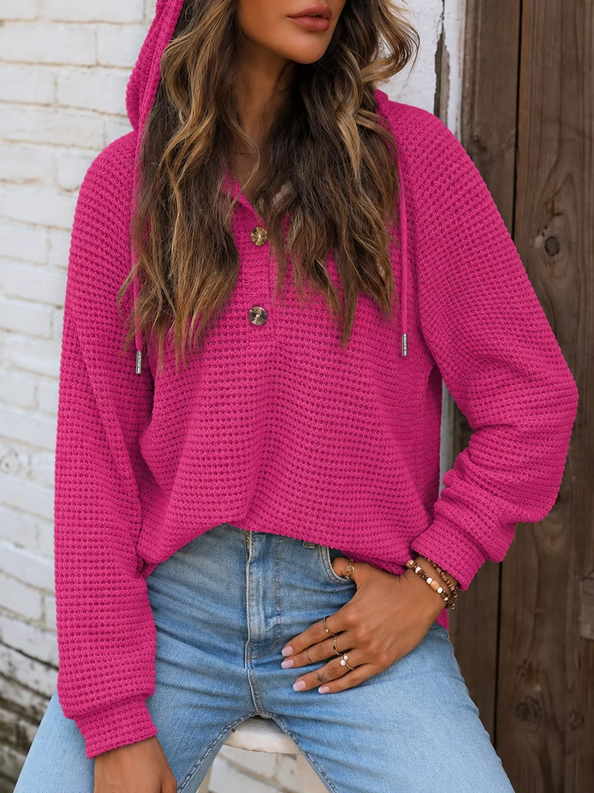 Hot pink waffle knit button-detail hoodie