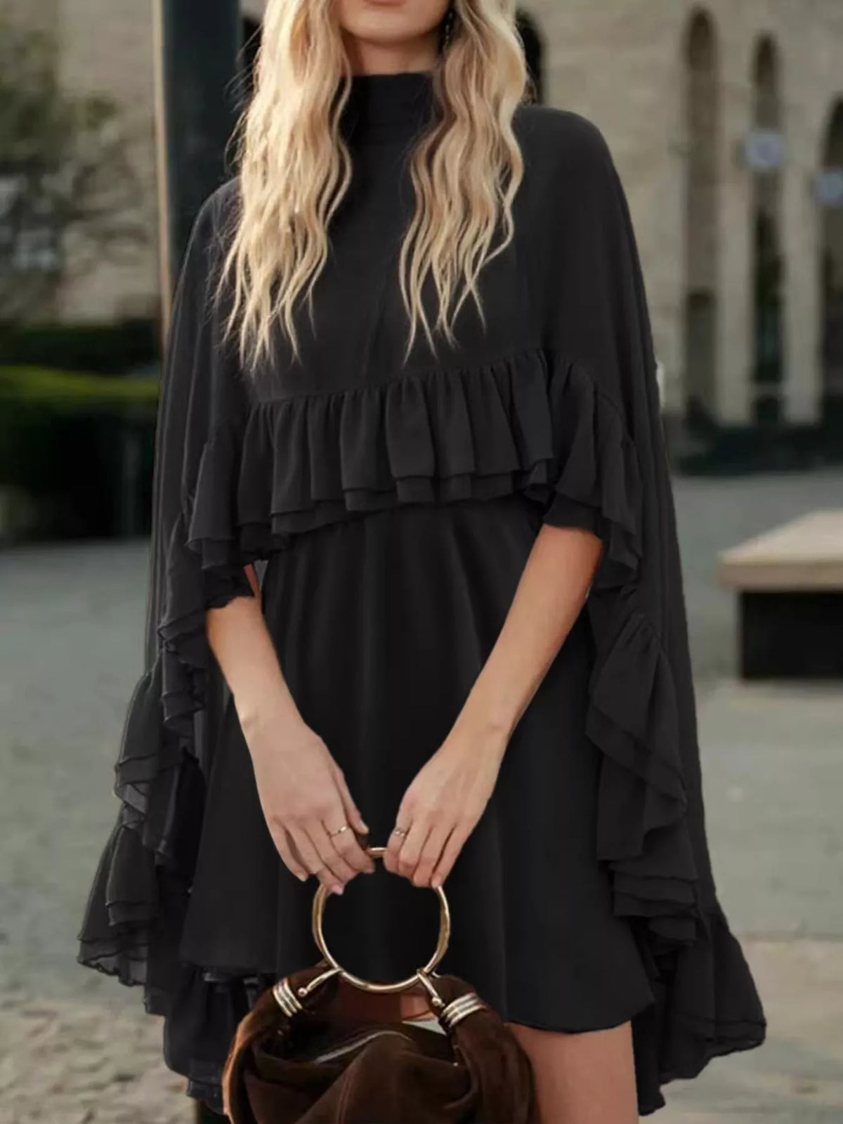Black ruffled cape and cami dress set, front view