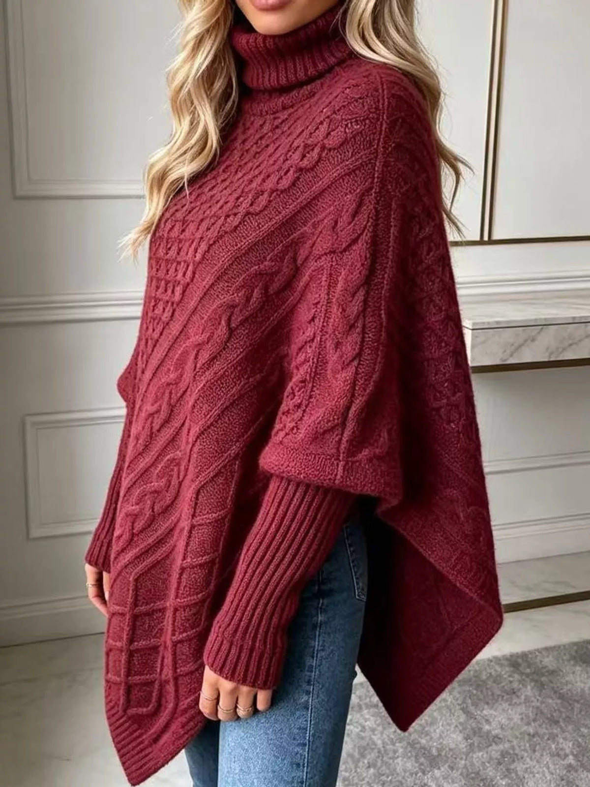 Turtleneck Cable Knit Sweater in burgundy