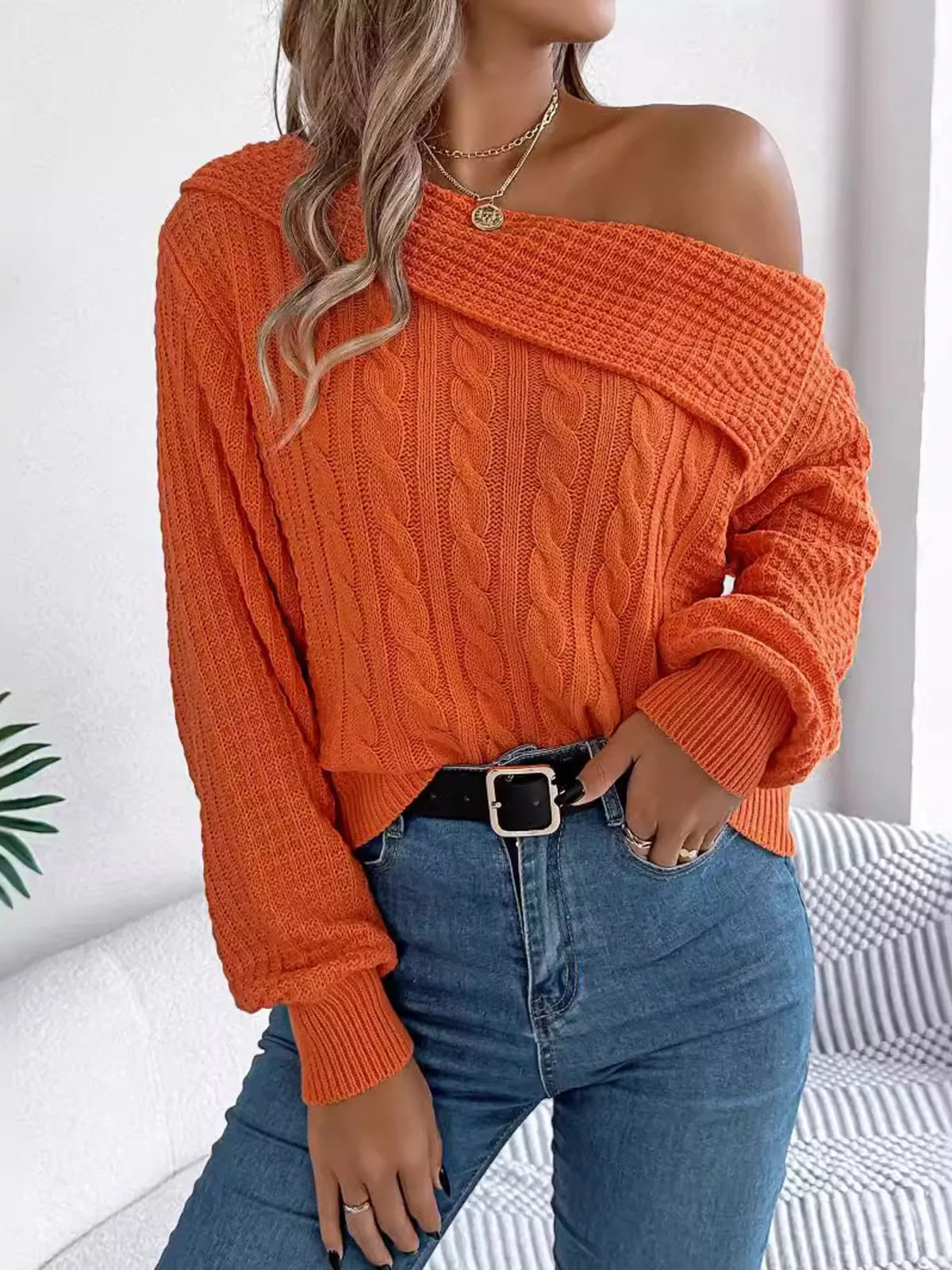 One Shoulder Cable Knit Sweater in orange, front view