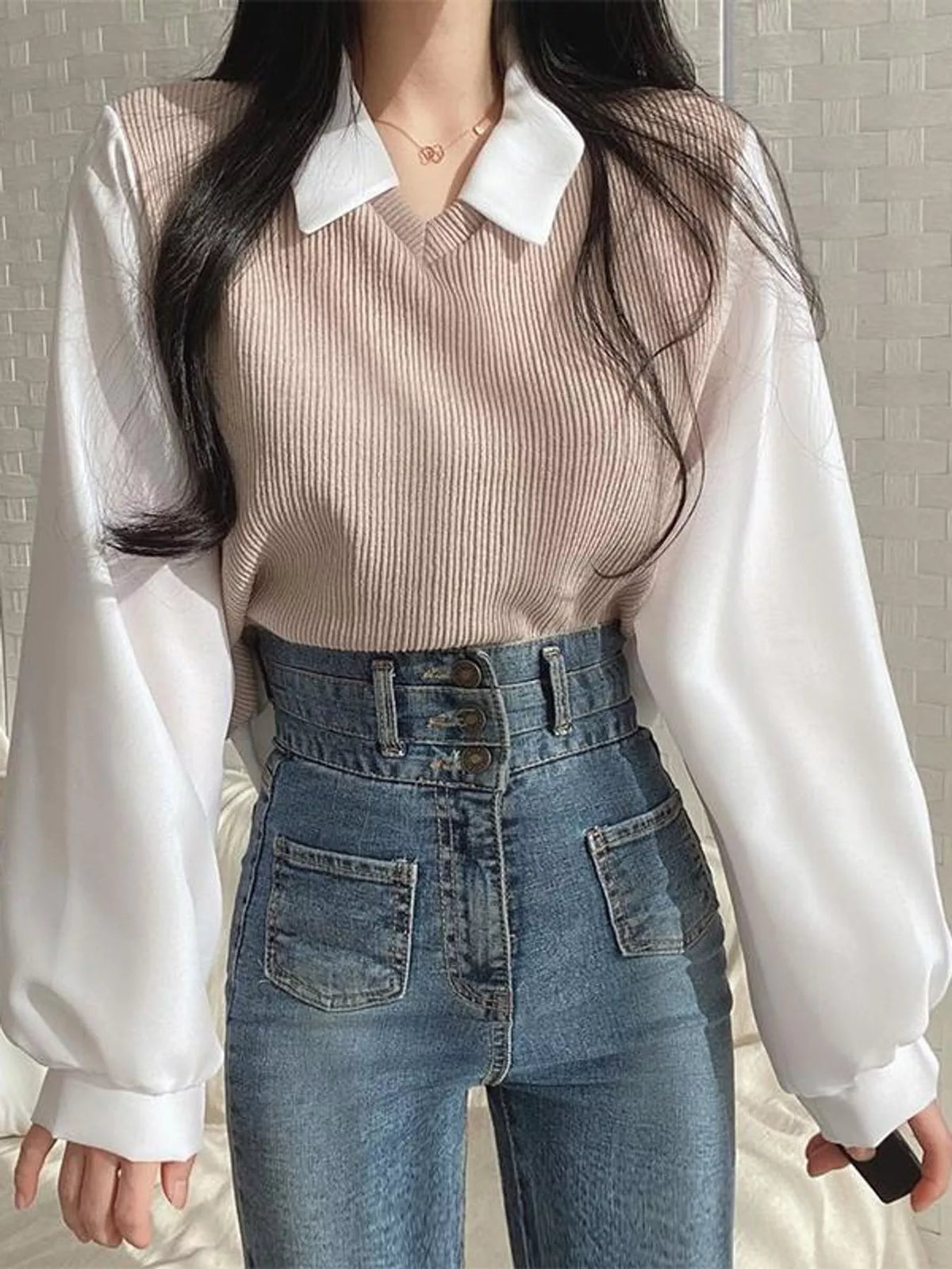 Layered blouse, taupe and white front
